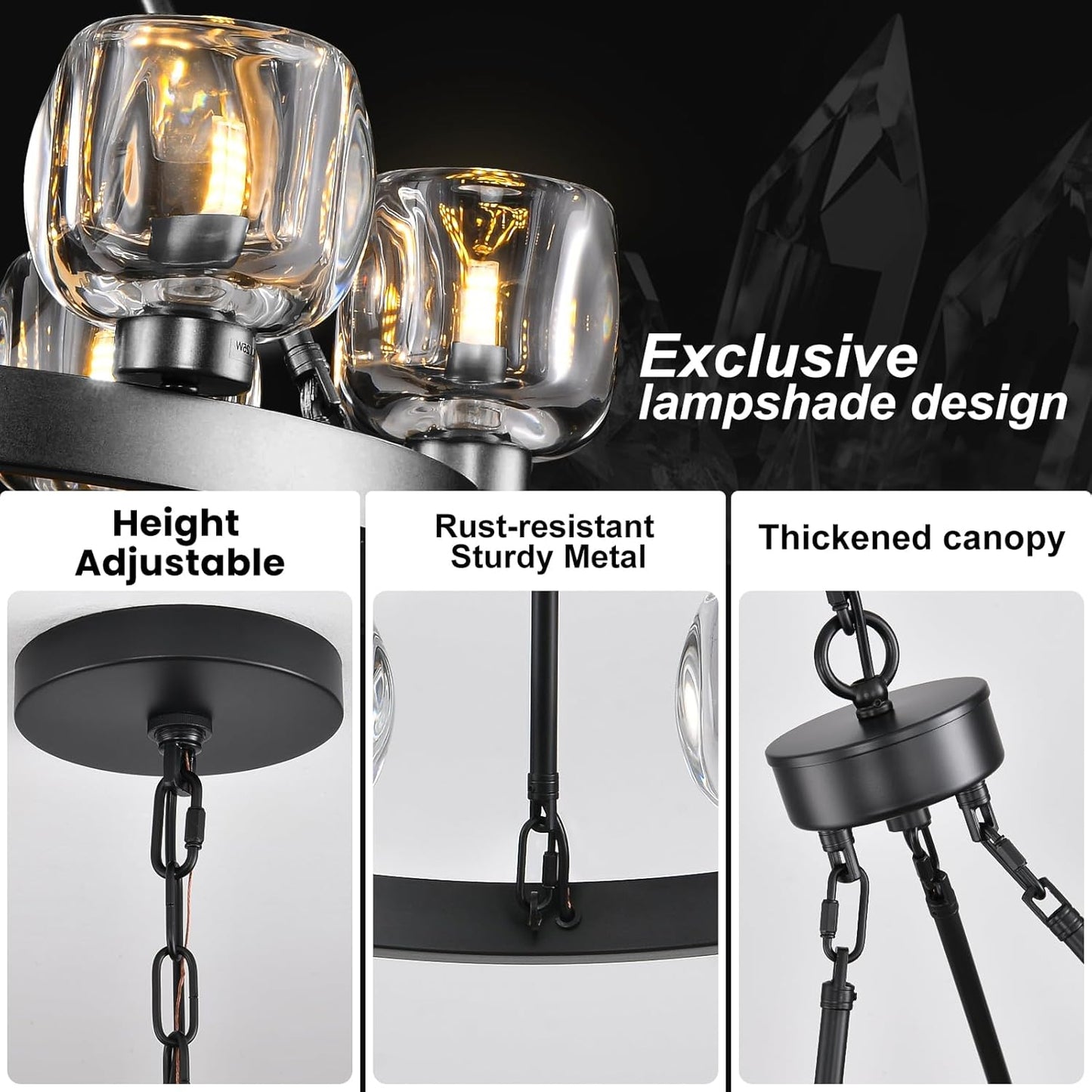 Black Wagon Wheel Chandelier, 24 Inch Black Chandeliers with Unique Glass Shade, 6-Light Crystal Farmhouse Wagon Wheel Chandeliers for Dining Room, Round Chandelier for Living Room, Foyer, Entryway