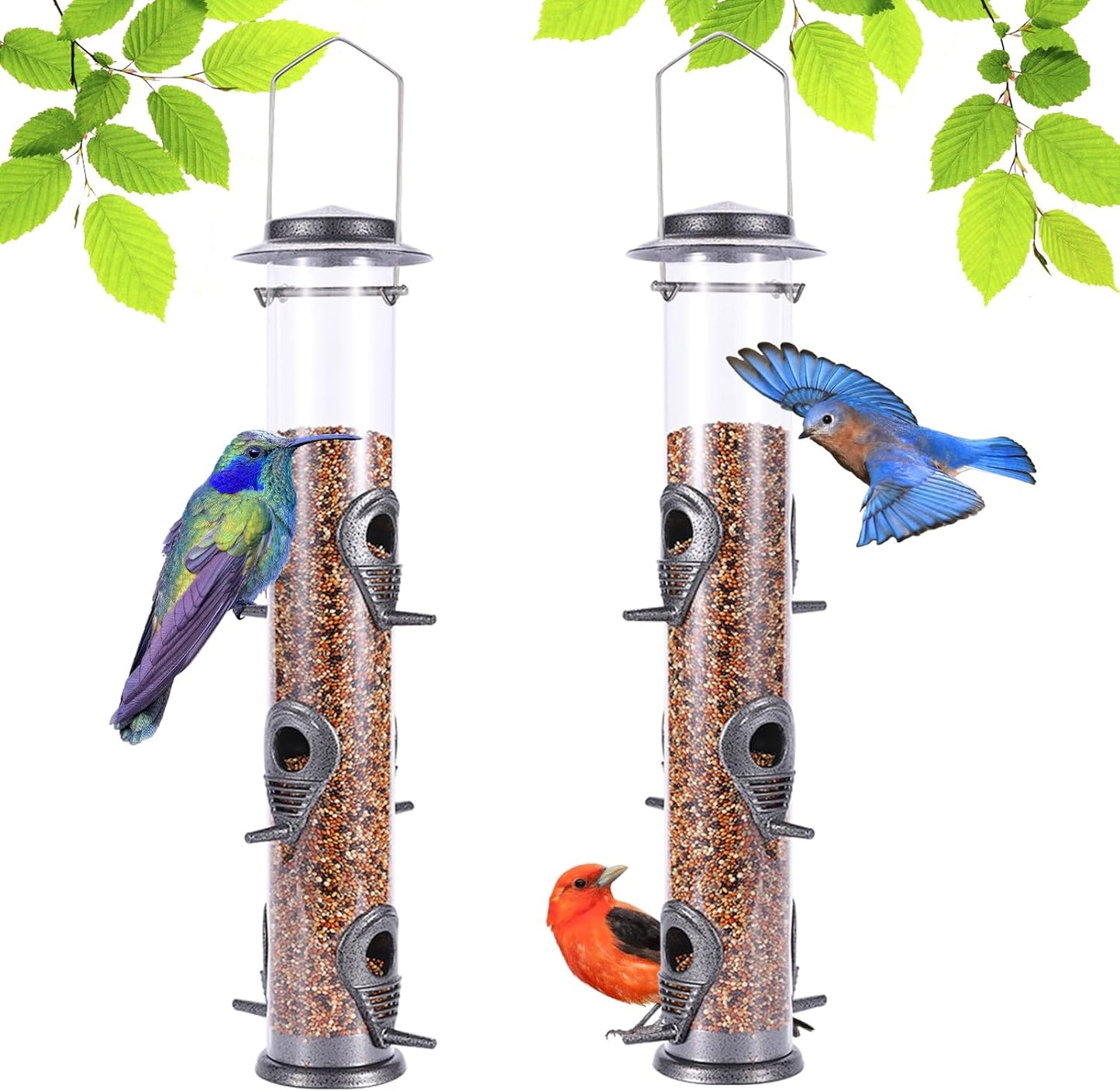 MIXXIDEA 2PK Metal Wild Bird Feeder Squirrel Proof Bird Feeders for Outside Hanging 6 Port Tube Bird Feeder Transparent Finch Feeder with Steel Hanger (Grey)
