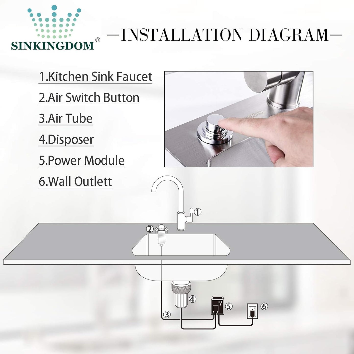 SinkTop Air Switch Kit (Long Full Brass Button) for Disposal, Dual Outlet, (Chrome)