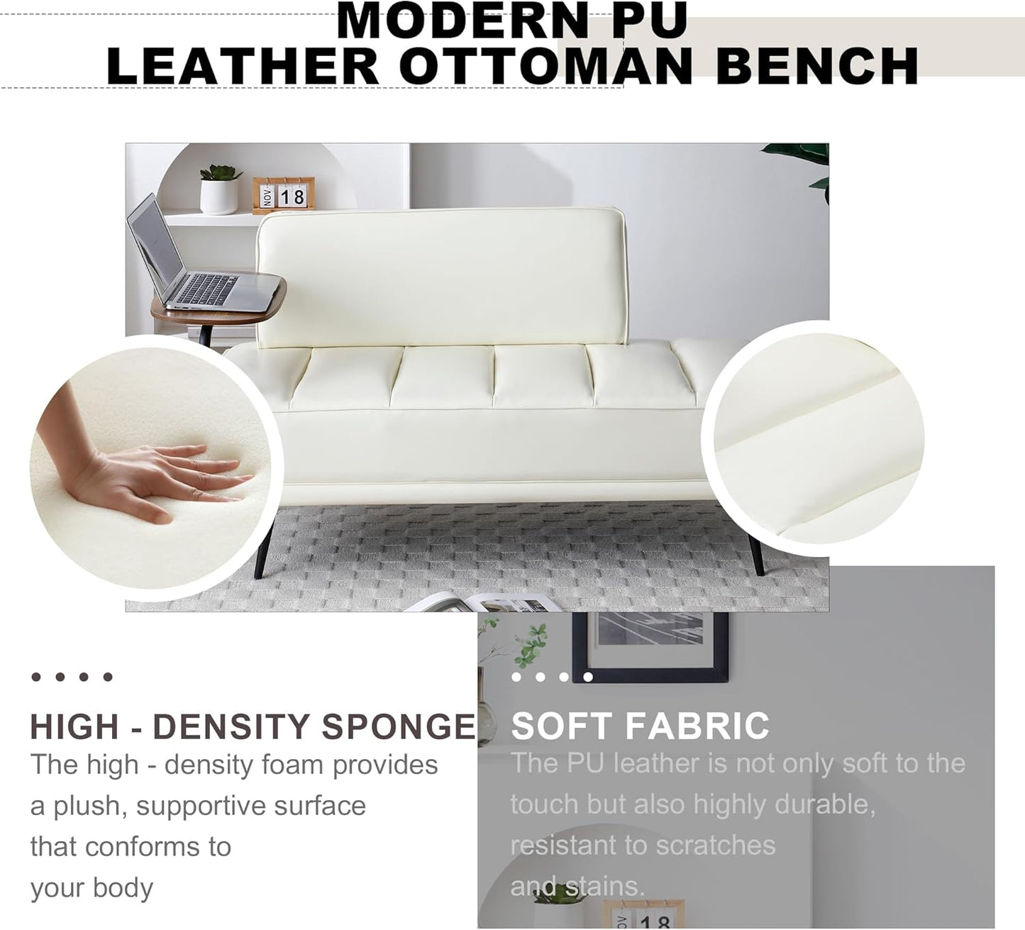 Sofa,Bed Bench,Small Spaces Furniture,Polyurethane Leather,Wood Frame,High Density Sponge Infillings,360-Degree Swivel Tray,Black Metal Leg (Beige)