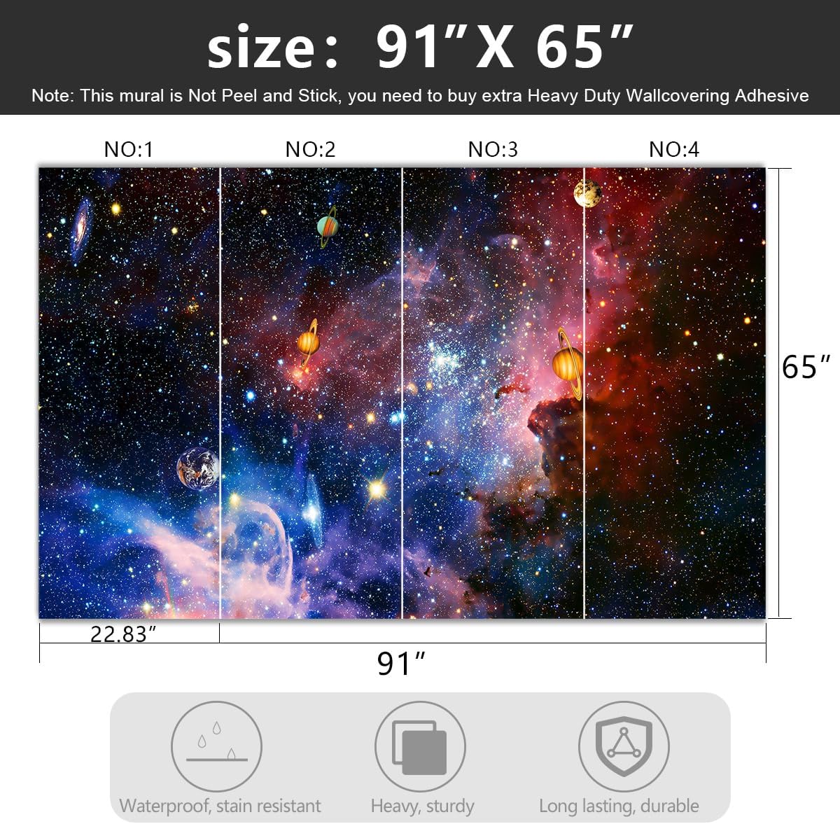 -Galaxy Universe Planet Ceiling Fabric Wallpaper Boys Girls Nursery Starry Sky Children Bedroom Bathroom Large Mural- 91"x65"（ not Peel and Stick）