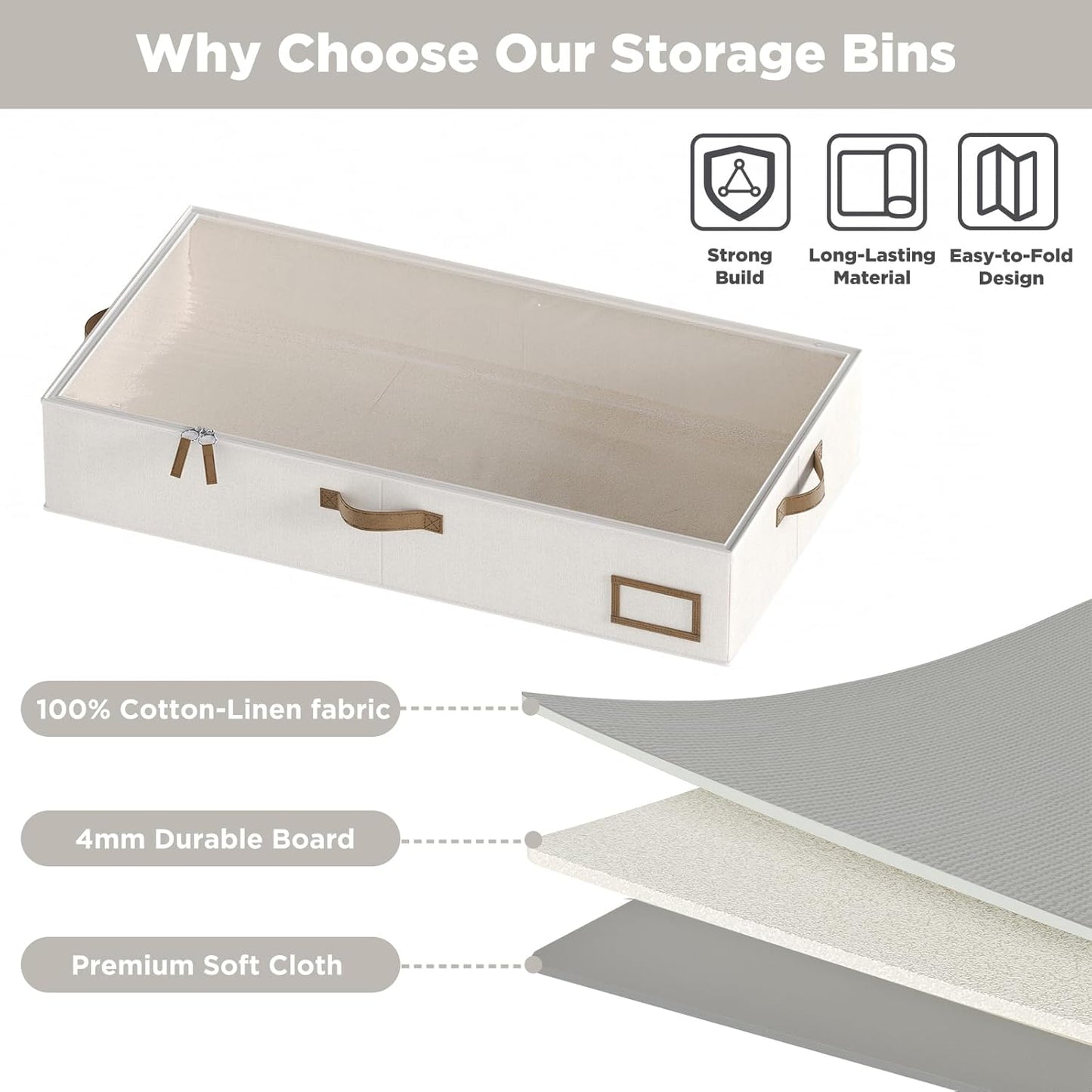 Under Bed Storage Containers, 2-Pack Underbed Storage Box, Collapsible Clothes Storage Bins with Handles and Lid, Large Under Bed Organizers for Shoe, Blanket, Toy, Pillow, Sheet, Beige