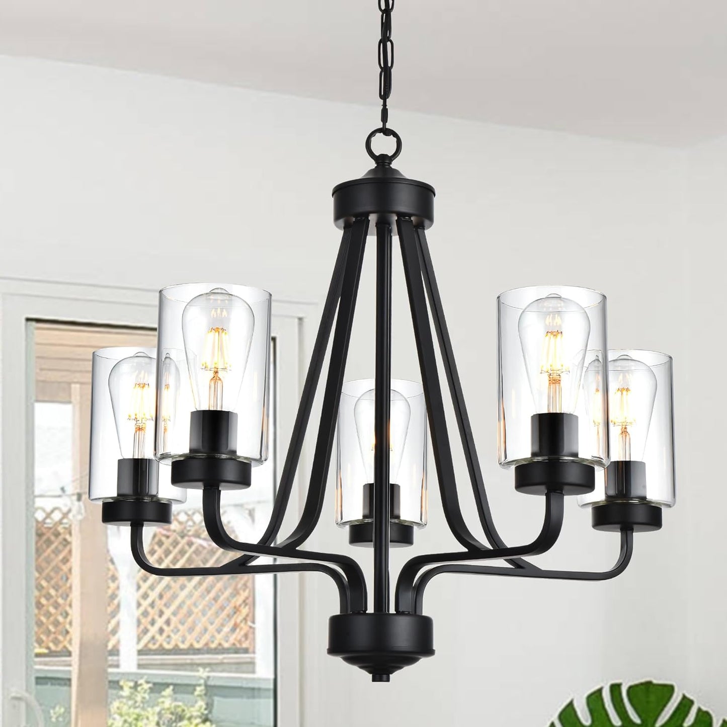5-Lights Modern Chandelier with Clear Glass Shades, Black Farmhouse Pendant Lighting for Dining Room Kitchen Island Ceiling Light Fixture Haning Over Table