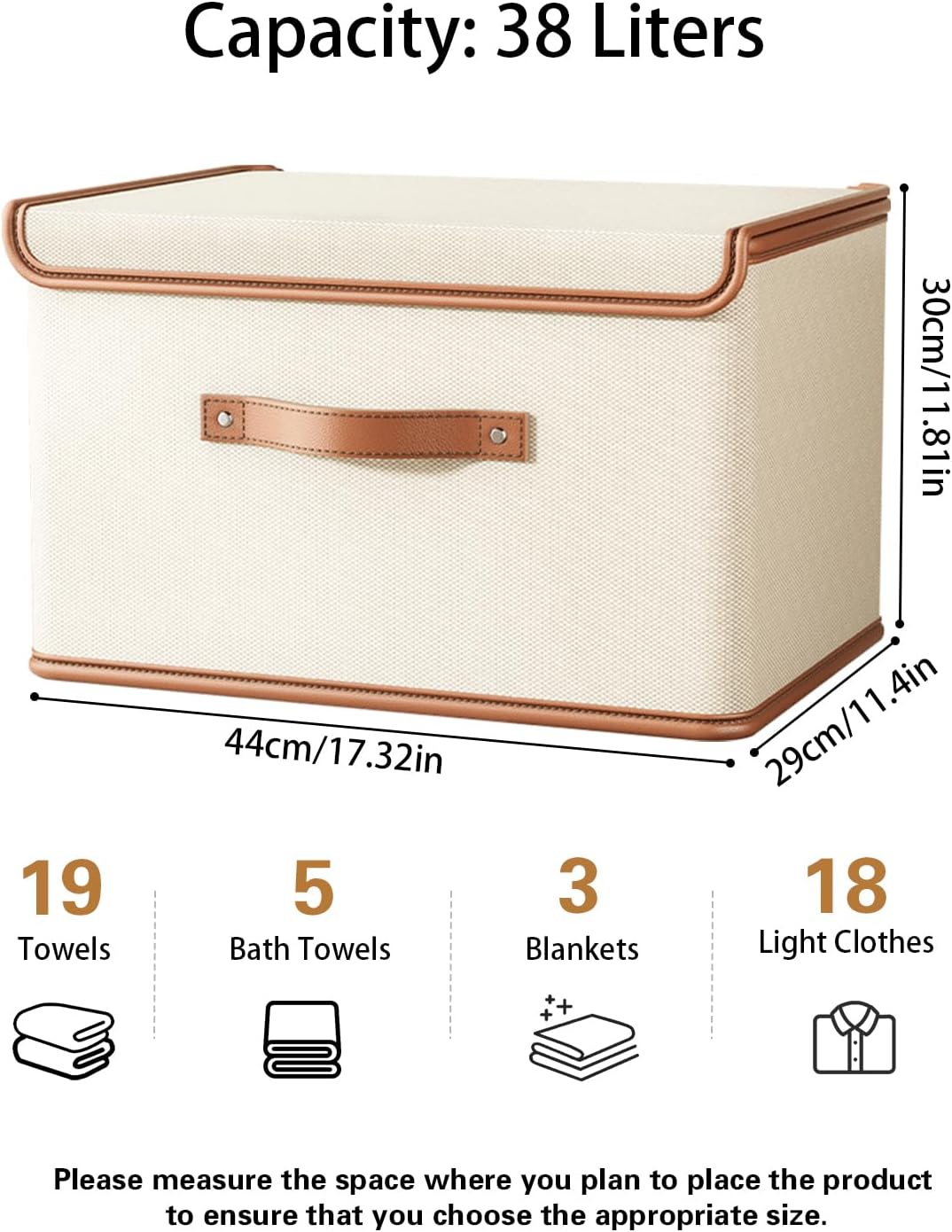 Tuza 2 Pack Storage Bins with Lids, Collapsible Closet Organizer Container, Fabric Organizer Box with Handles, Decorative Storage Boxes with Lids for Organizing Clothes, Books, File, White, Large