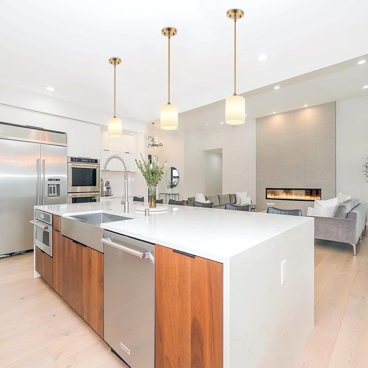 Modern Gold Pendant Light Brushed Brass Mid Century Chandelier White Cylinder Glass Shades Adjustable Rods Farmhouse Ceiling Hanging Lighting Fixture Kitchen Island Dining Room Bedroom