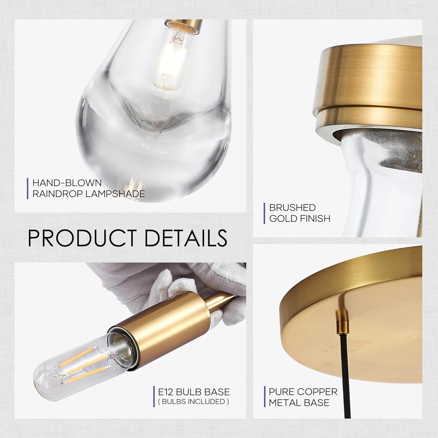 3-Light Raindrop Pendant Light Fixtures, Brass Glass Pendant Lighting, Teardrops Modern Hanging Light for Entryway Foyer Kitchen Island Dining Living Room Hallway