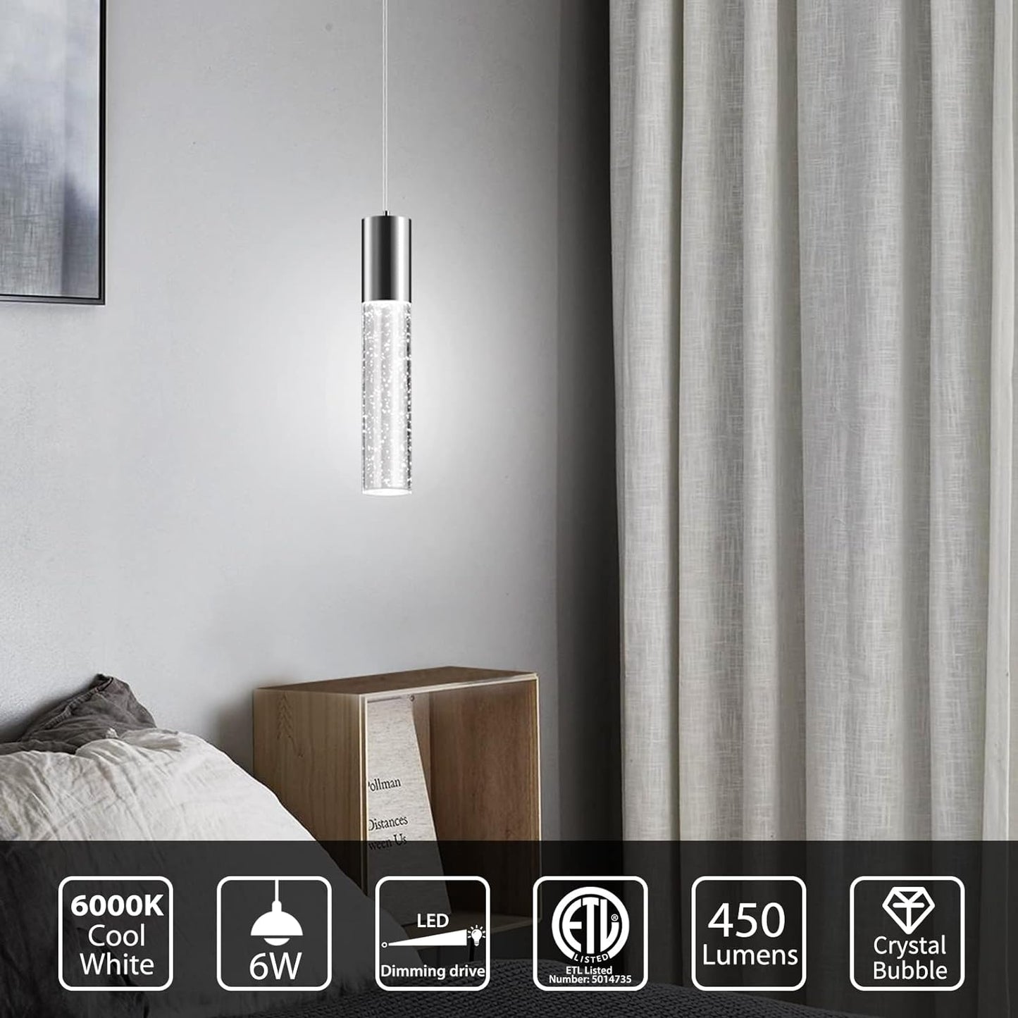 OKELI Pendant Lights Kitchen Island 1 Pack, 6000K Modern LED Bubble Crysta Pendant Light, Chrome Mini Single Island Lights Hanging Lighting for Dining Room, 6W, ETL