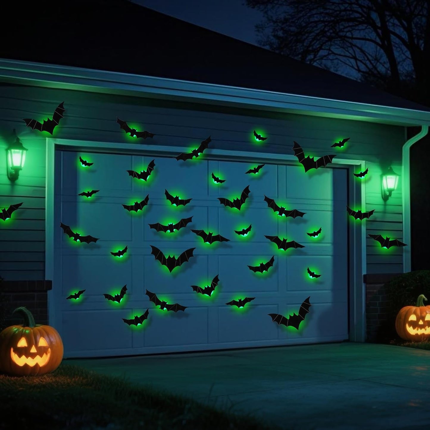 DR.DUDU 36 Pack Bats Halloween Decorations- Light Up Bat Wall Stickers with Green LED, 3D Removable Window Decals for Indoor/Outdoor, Bathroom, Door, Home, Bedroom Halloween Party