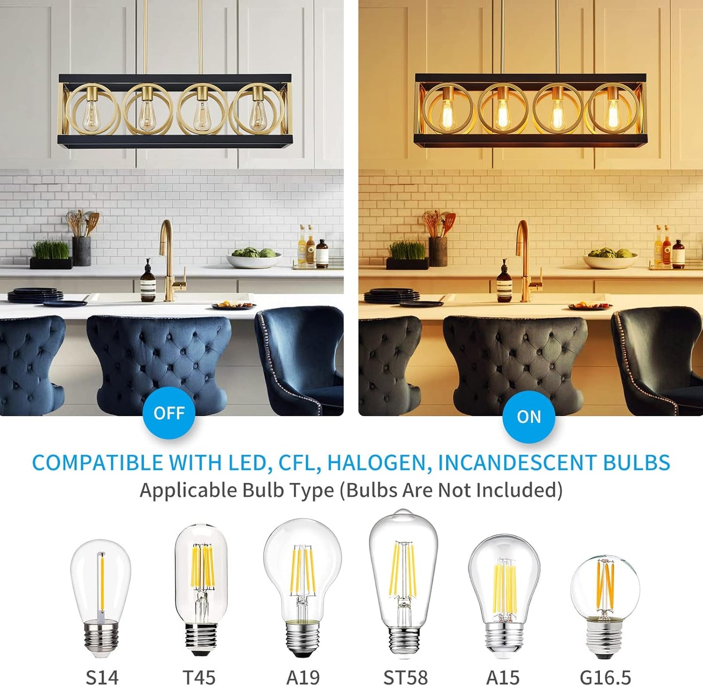 XINGQI Modern Rectangle Chandelier, Farmhouse Kitchen Island Lighting Rustic Industrial Hanging Light Fixture 4-Light Metal Linear Pendant for Dining Room Living Room Hallway, Black and Gold