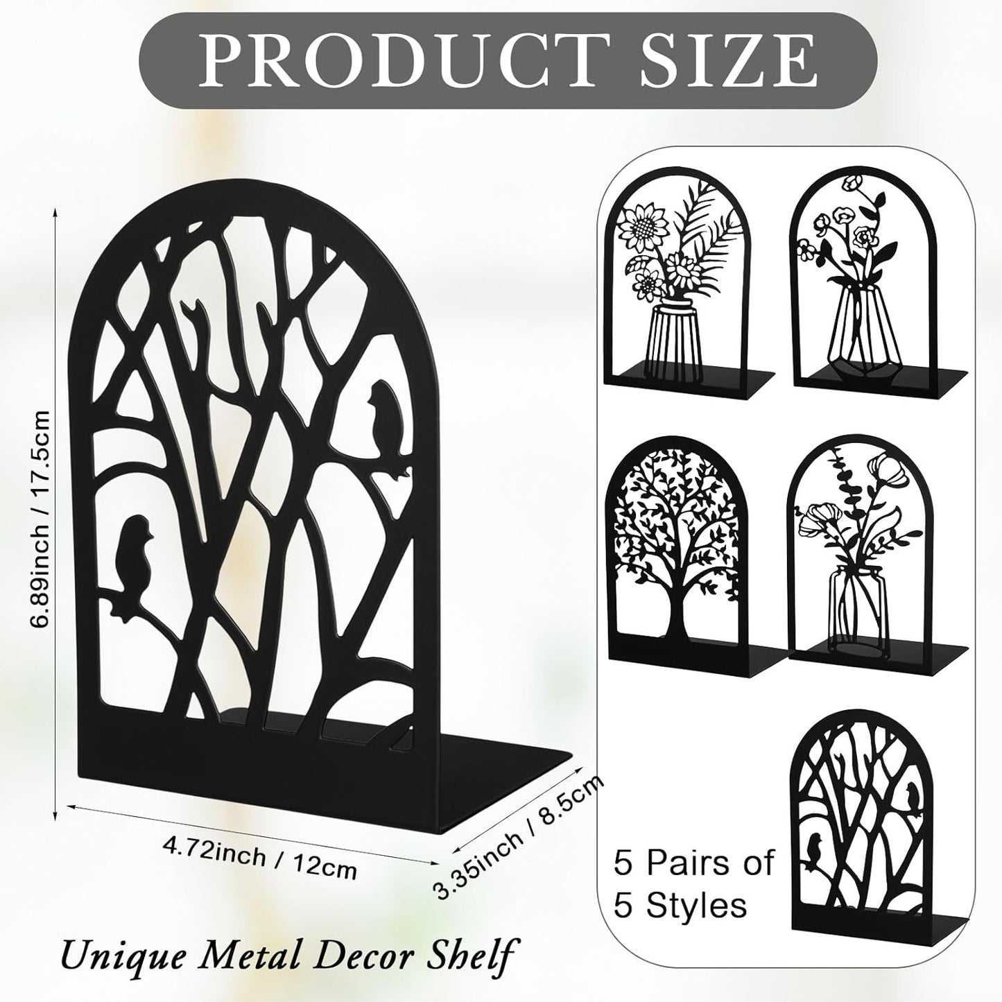 Faccito 5 Pairs Book Ends, Black Metal Bookends for Shelves Decorative, Non Skid Tree Stopper and Flower Shelf Holder for Heavy Books, Home Office School Supplies (Classic)
