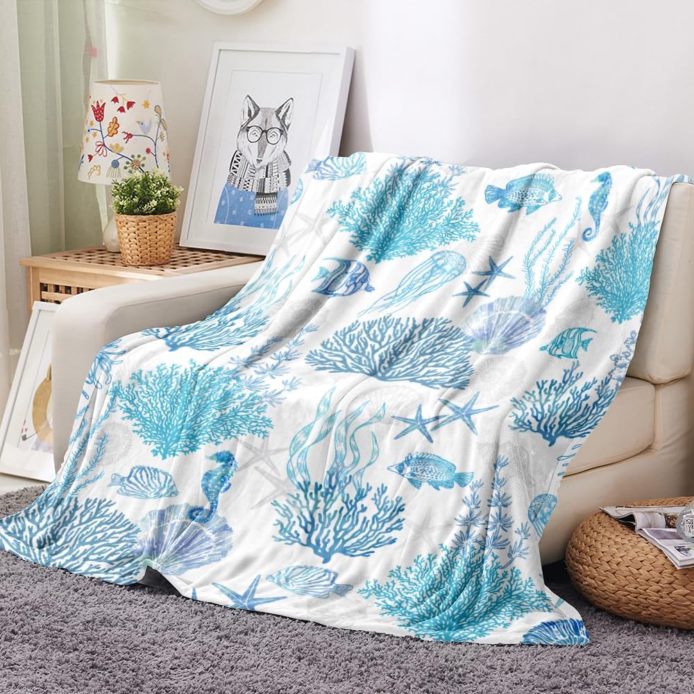 Blue Ocean Beach Throw Blanket Nautical Coastal Bed Blanket Starfish Seashell Coral Blankets Super Soft Flannel Fleece Throw Blanket for Couch Bed Decor “60 x80”
