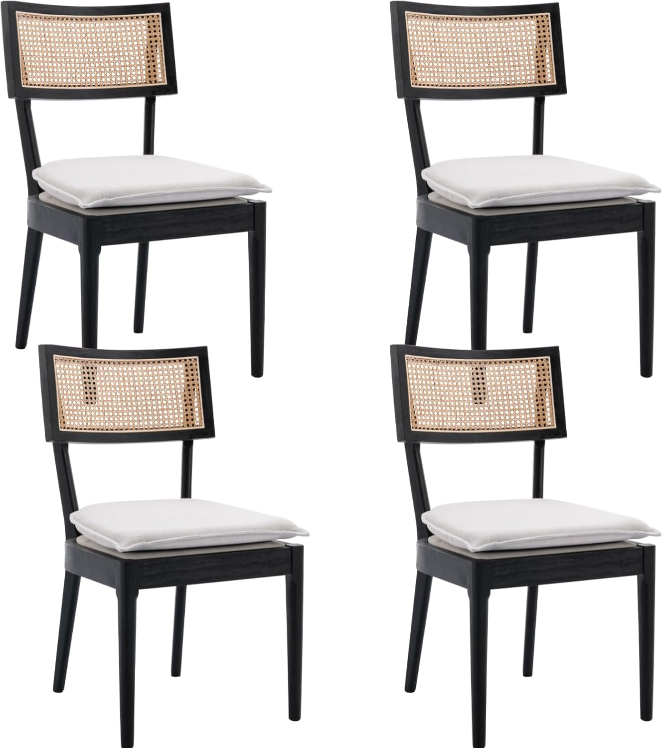 Rattan Dining Chairs Set Of 4 , Mid Century Modern Black Wooden Cane Back Chairs with Removable Linen Cushion , Retro Farmhouse Upholstered Kitchen & Dining Room Chairs for Restaurant Living Room