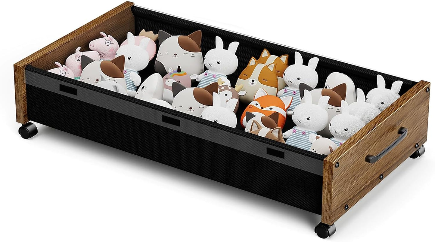 Wooden Under Bed Storage with Wheels, Rolling Under the Bed Storage Bins with Removable Lid, Metal Under Bed Drawers for Clothes and Shoes in Bedroom or Living Room(Walnut Brown-1pack)