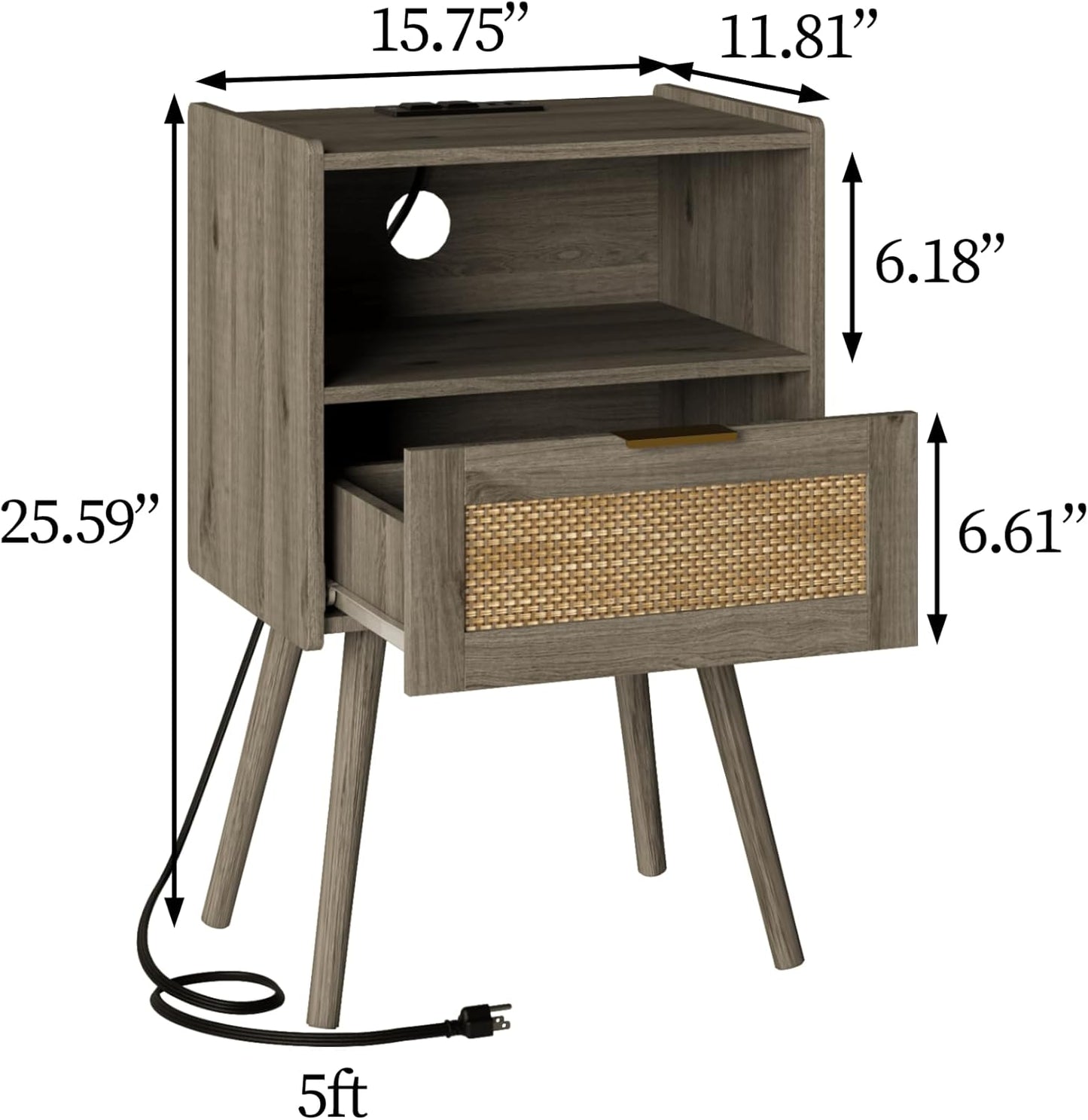Rattan Nightstand with Outlet,Modern Bedside Table with Storage Drawer and Open Wood Shelf, for Living Room, Bedroom and Small Spaces, Accent Night Stand with Solid Wood Legs,Grey Oak