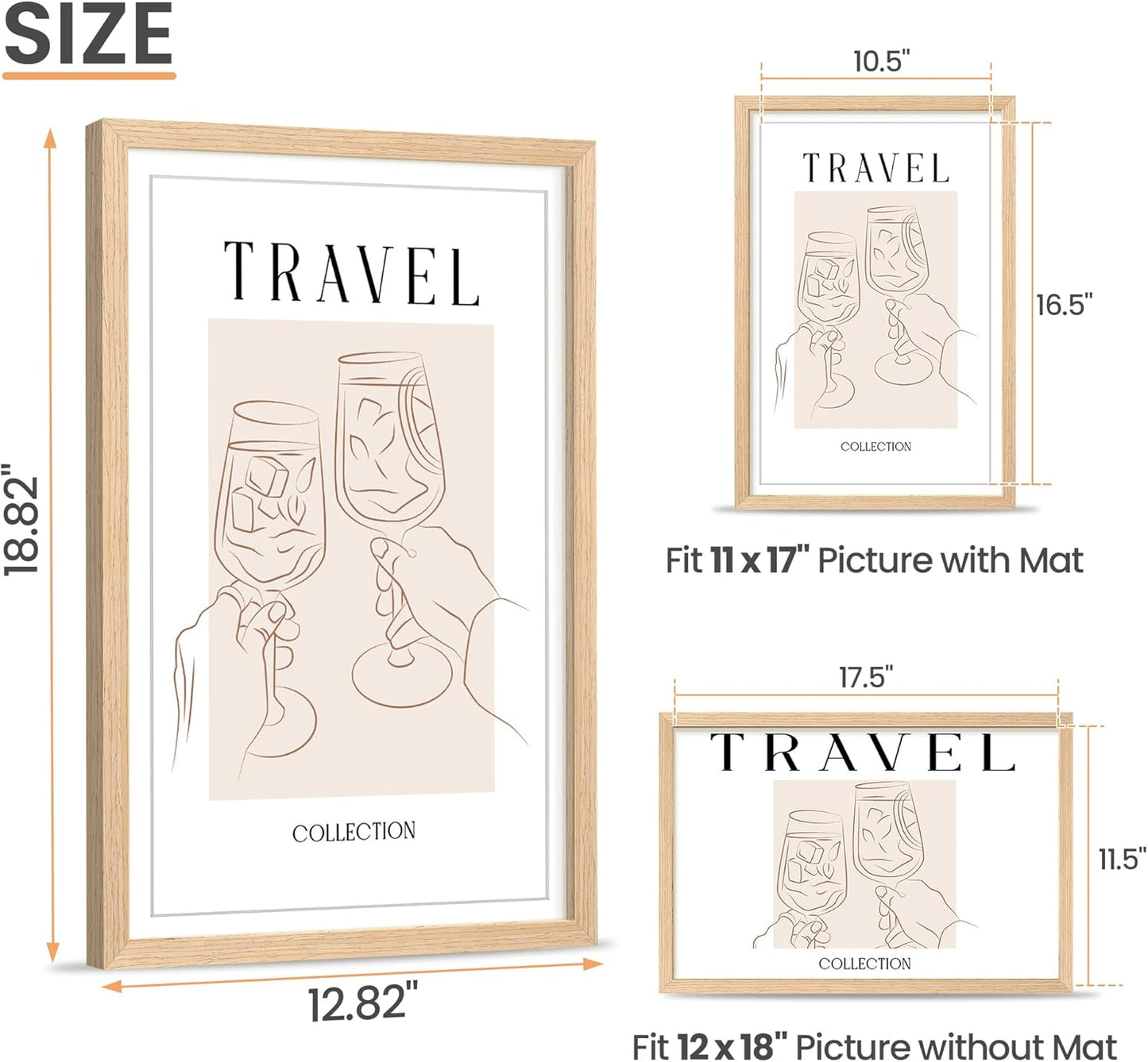 upsimples 12x18 Frame, Natural Solid Wooden Picture Frames, Display 11x17 with Mat or 12 x 18 Without Mat, Vertical or Horizontal Wall Hanging, 1 Pack, Natural