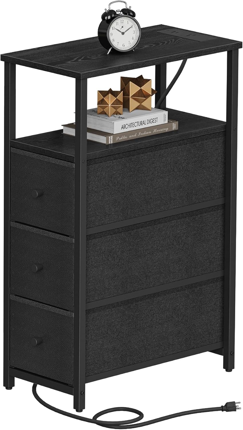 TUTOTAK Narrow Night Stand with Charging Station, Slim End Table with Plugins, Tall Side Table with 3 Fabric Drawer, Small Bedside Table with Storage, Living Room, Bedroom, Black TB01BK086