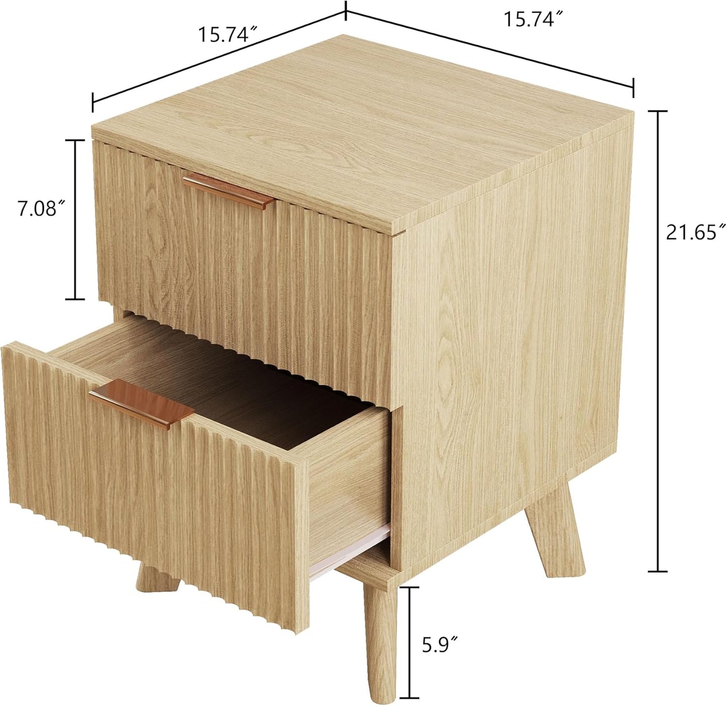 Fluted Nightstand, Mid Century Modern 2 Drawer Bedside Table for Bedroom, Small Dresser Night Stand Side End Table with Wood Fluted Drawer Storage for Bedroom Closet(Natural)