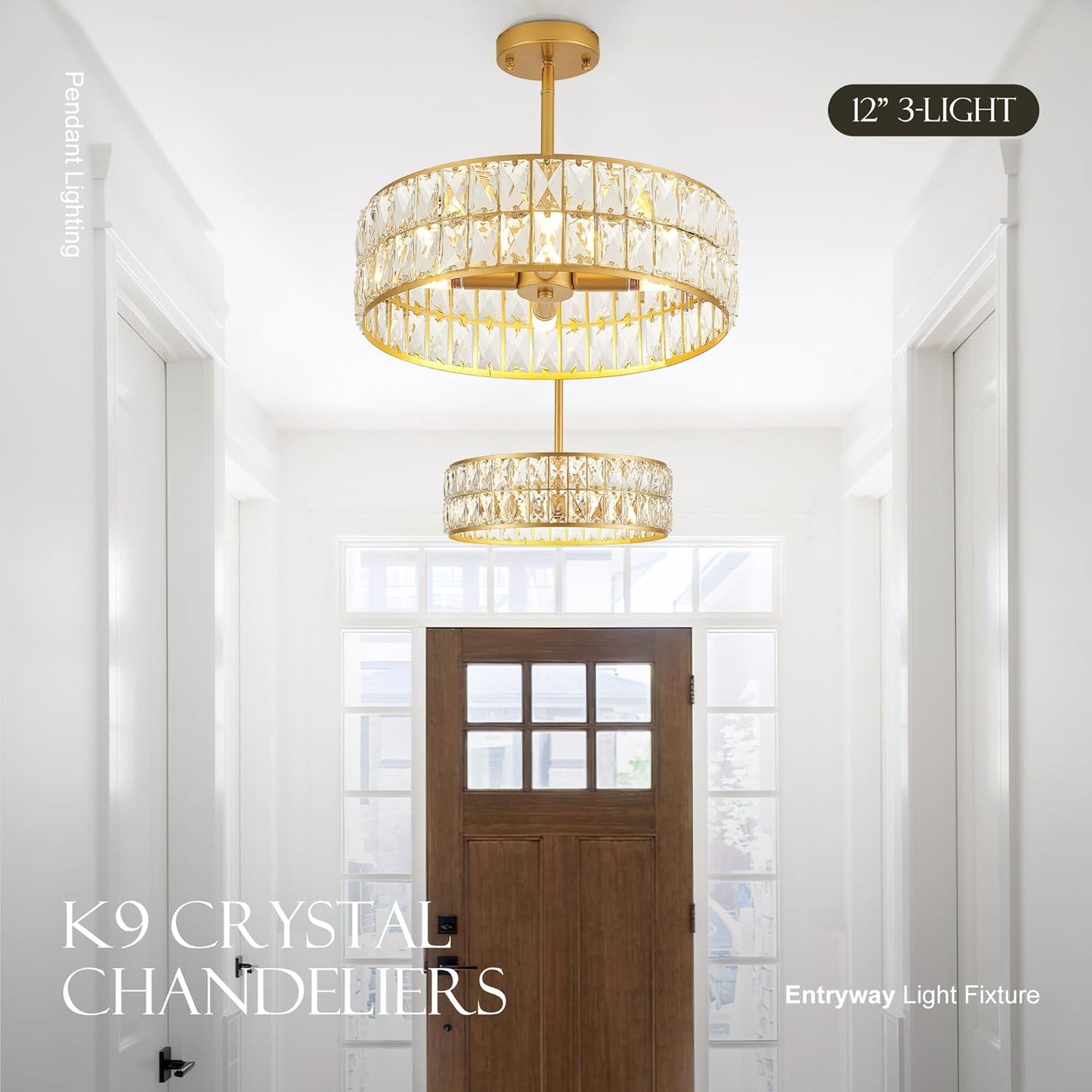 16” 4-Light Modern Crystal Chandeliers Gold Dinning Room Light Fixture, Round Pendant Light Kitchen Island Chandelier, Flush Mount Ceiling Light for Living Room Entryway Bedroom Foyer