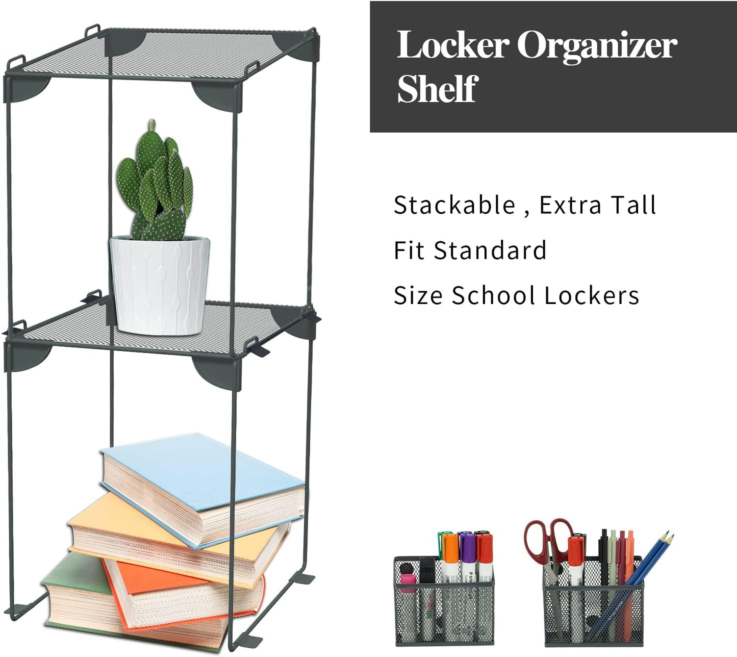 Neudeco Locker Accessories and Decor Kit, Including Mesh Shelf, Organizer, Magnetic Basket and Pen Holder, Suitable for School, Work, Kitchen, Bathroom, (Pack of 4, Grey)