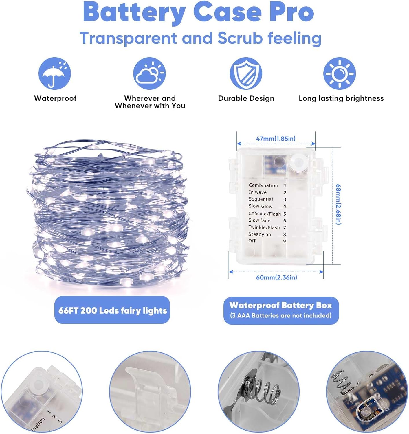 1 Pack 65.6 Ft. Battery Operated Outdoor String Lights with Remote & Timer, LED Cool White Fairy Lights, Waterproof Twinkle Lights for Bedroom, Dorm, Mason Jar, Wedding, Party, Christmas