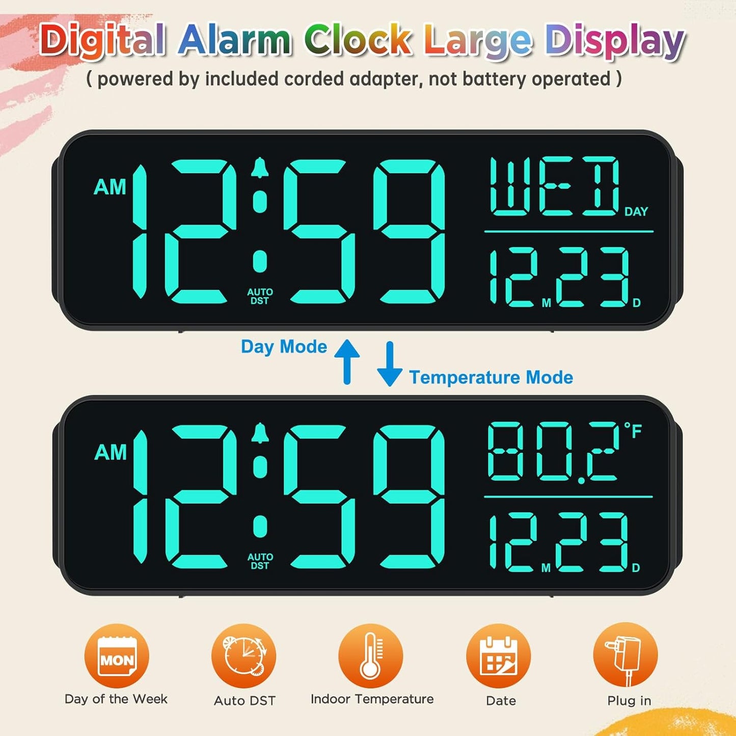 Peakeep Digital Alarm Clock for Bedrooms, Date Day of Week Large Display Numbers 6 Brightness Dimmer, 5 Volume Loud for Heavy Sleepers, 8 RGB Colors Electric Desk Clock Battery Backup, Auto DST