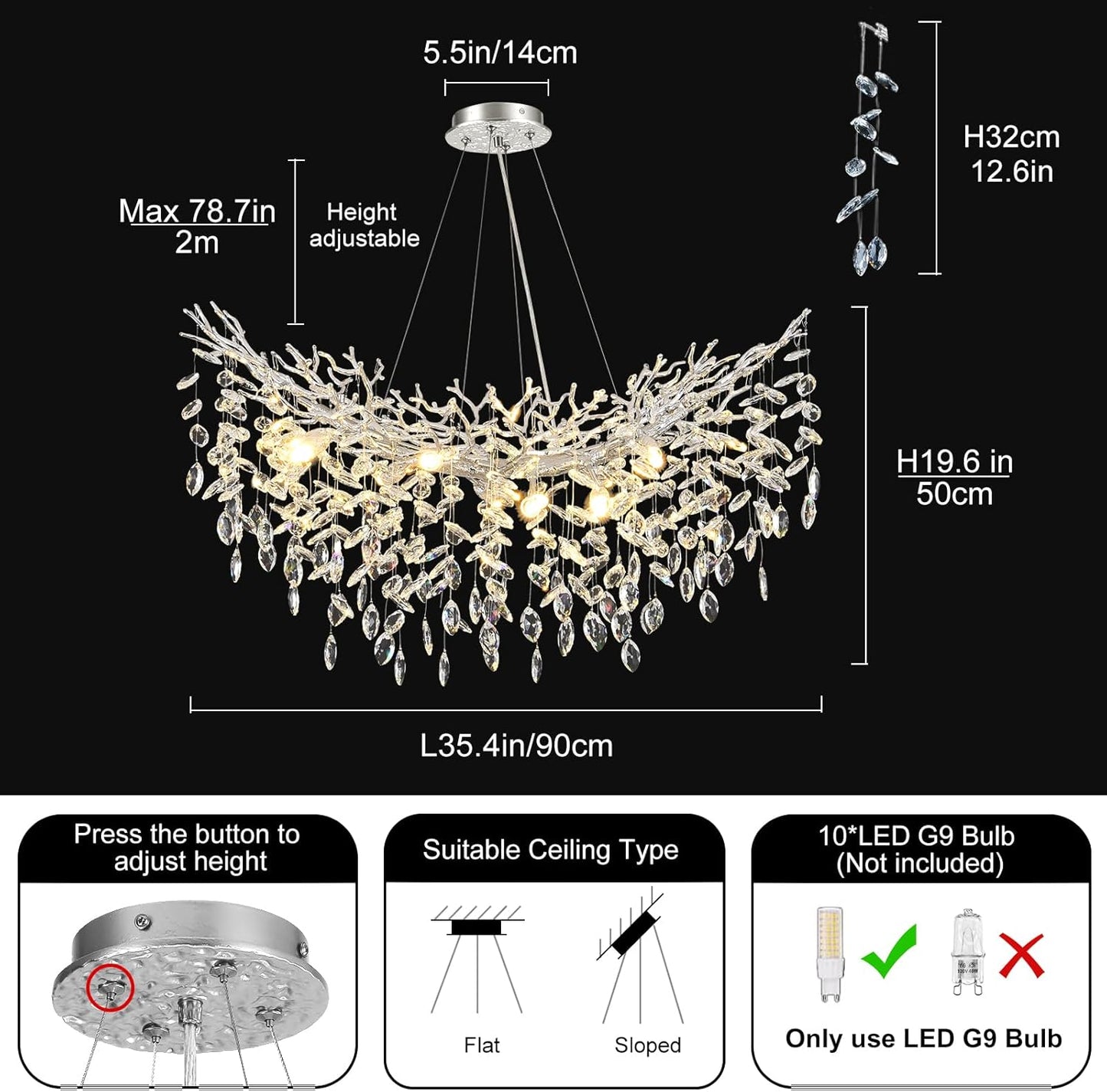 Modern Crystal Silver Chandelier, 36" Large Rectangular Oval Tree Branch Crystal Chandeliers for Dining Room,16-Light Flush Mount K9 Crystal Chandeliers, for Kitchen Island,Dining Room