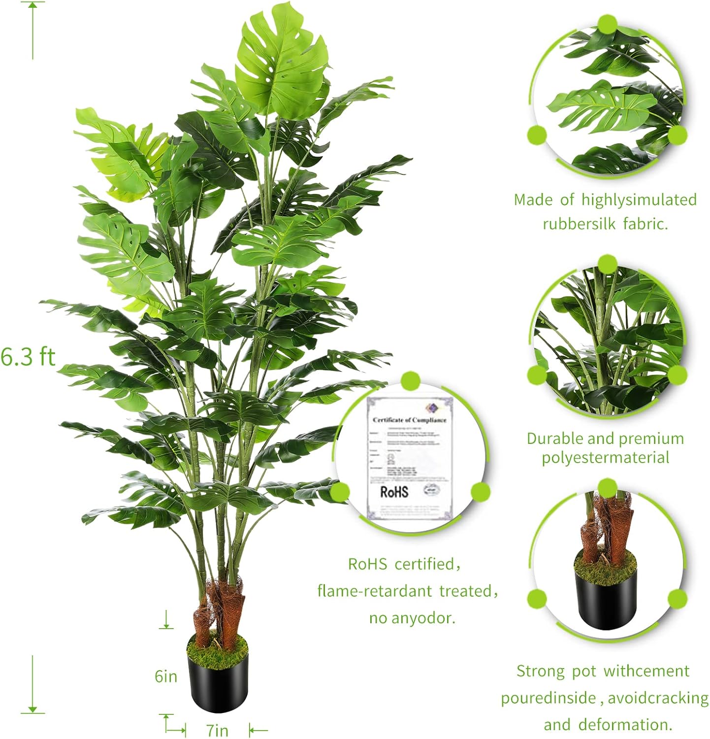 6.3ft Artificial Monstera Deliciosa Tree (75in) with Plastic Nursery Pot Faux Tree, Fake Tropical Split Leaf Palm Plant for Office House Farmhouse Living Room Home Decor (Indoor/Outdoor)