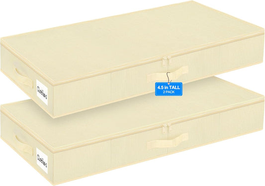punemi 4.5 Inch Tall Low Profile Under Bed Storage Containers Bins, 2Pcs Shallow Flat Underbed Clothes Storage With Sturdy Structure Support, Under Couch & Sofa Storage For College Dorm Room, Beige