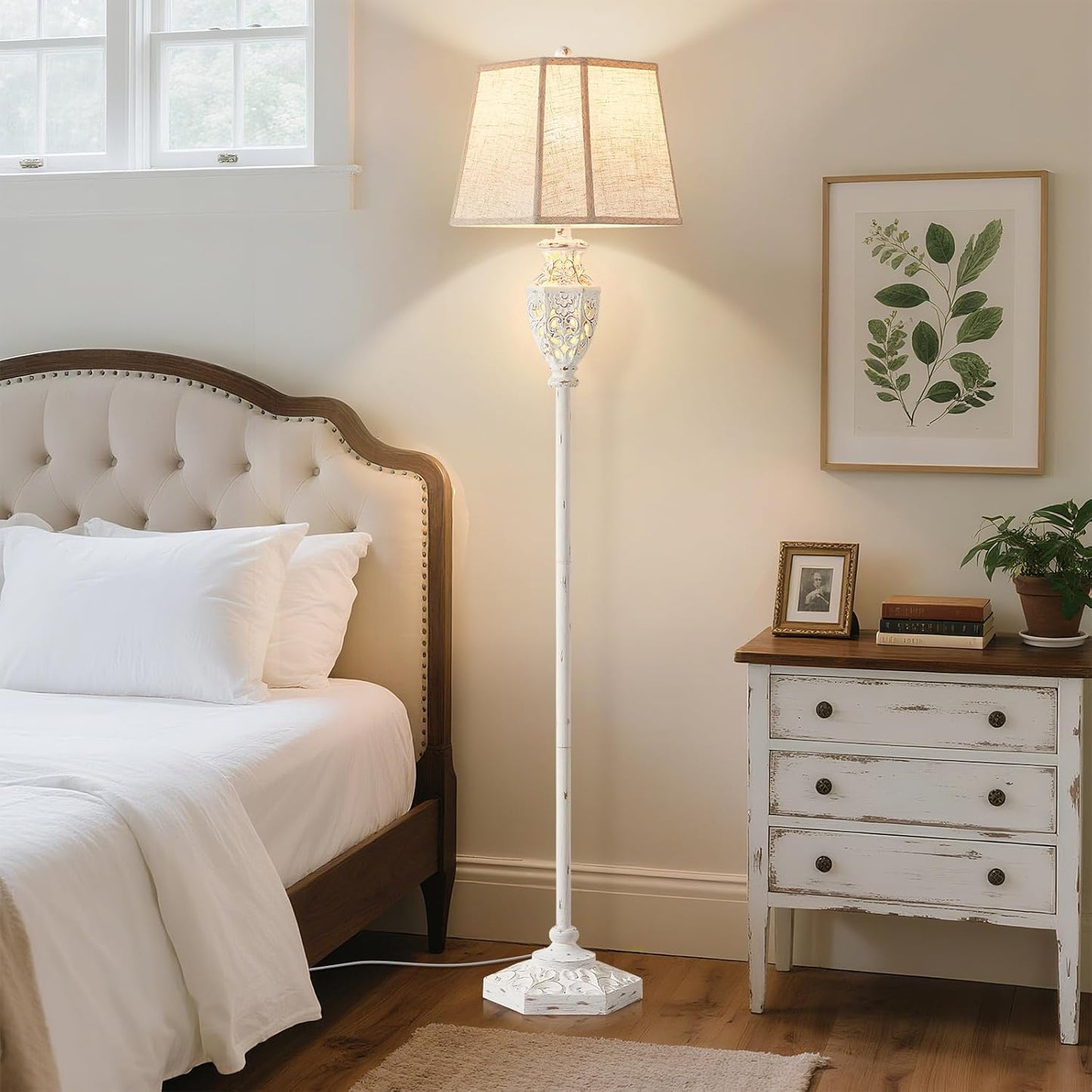 Luvkczc Rustic Floor Lamp - Resin Carved Base with Hollow Night Light, Farmhouse Cottage Decor, Vintage Standing Lamp for Living Room, Bedroom (Includes Bulb)