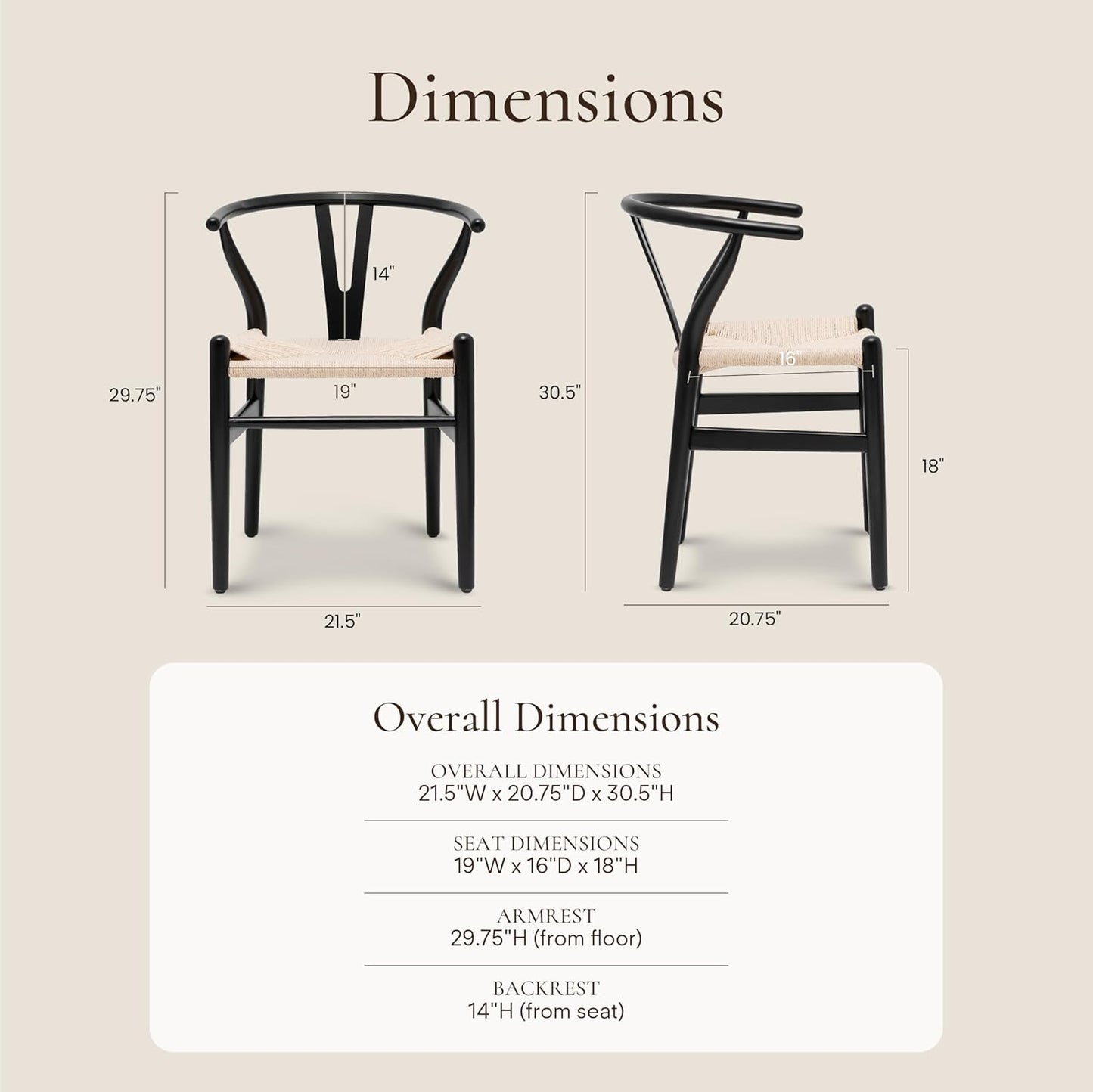 POLY & BARK Weave Dining Chairs – Mid-Century Modern Wishbone Dining Chairs with Arms, Solid Wood Frame, Indoor Use – Black – Set of 2 - Ideal for Dining Room, Kitchen or Stylish Accent Setting