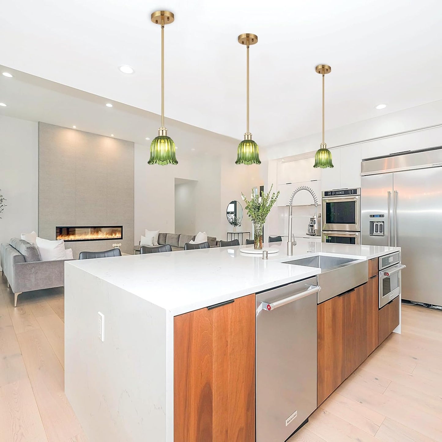 Modern Gold Pendant Light Brushed Brass Mid Century Chandelier Green Glass Shades Adjustable Rods Farmhouse Ceiling Hanging Lighting Fixture Kitchen Island Dining Room Bedroom