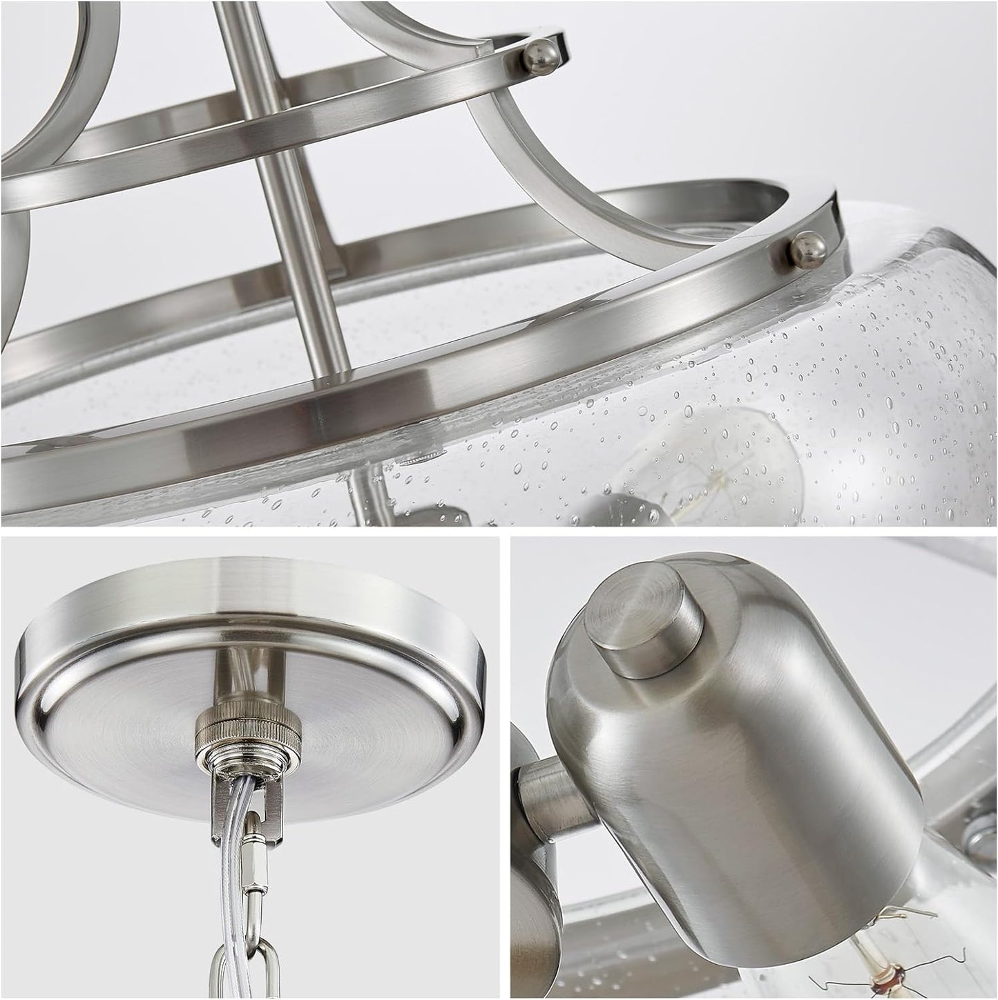 WUZUPS Chandelier Rustic Farmhouse Industrial Round Ceiling Pendant LED Light Fixture Clear Seeded Glass Shade for Dining Room Kitchen Island Foyer Entryway, H 20.9" x W 15.9", Brushed Nickel