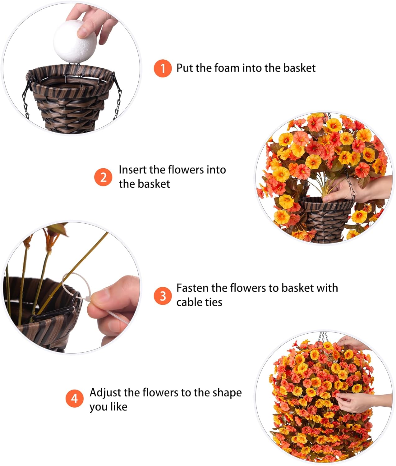 Artificial Fall Fake Hanging Flowers Plants Basket for Outdoor Autumn Decoration, Faux Silk Morning Glory Long Stems Vines Realistic UV Resistant for Outside Home Porch Garden (Fall Orange+Yellow)