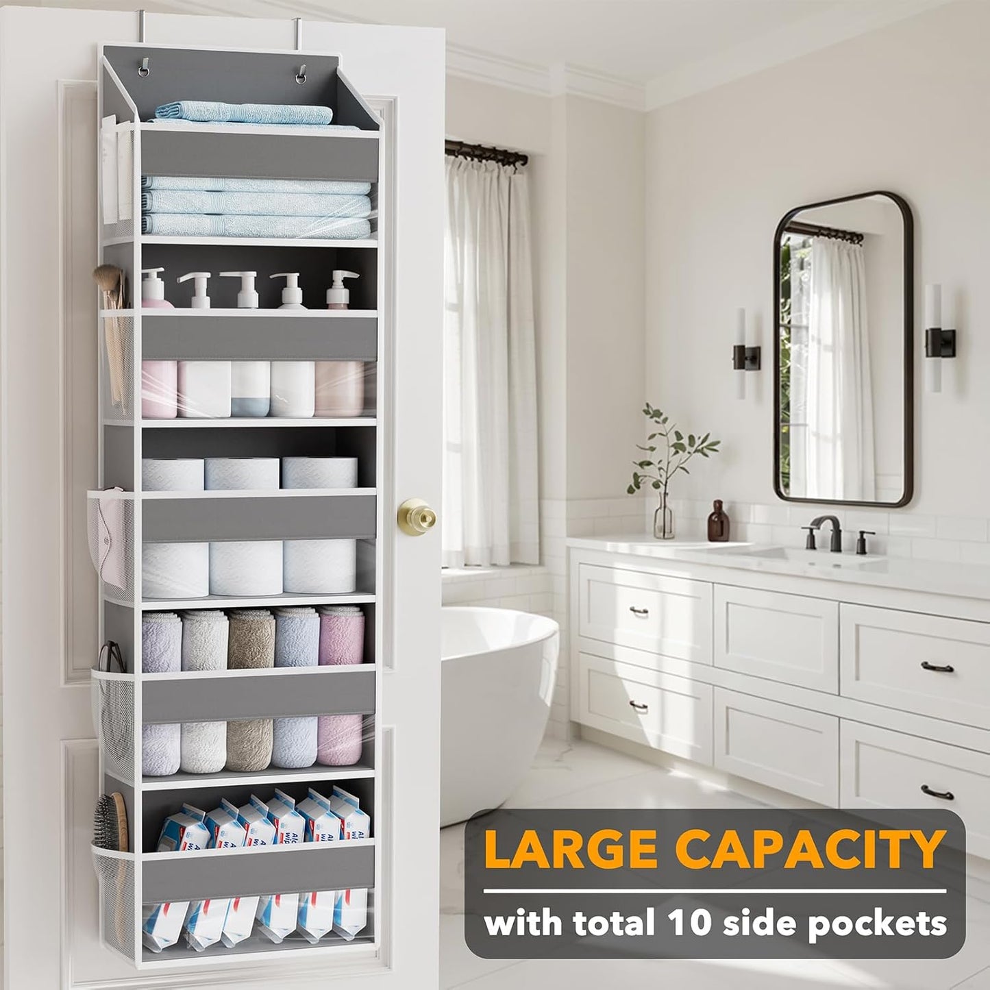SpaceAid 1 Pack Over The Door Organizer with 5 Large Pockets and 10 Mesh Side Pockets, 5 Layers Door Organizer Hanging with Clear Window for Bedroom, Bathroom, Pantry and Nursery, Gray
