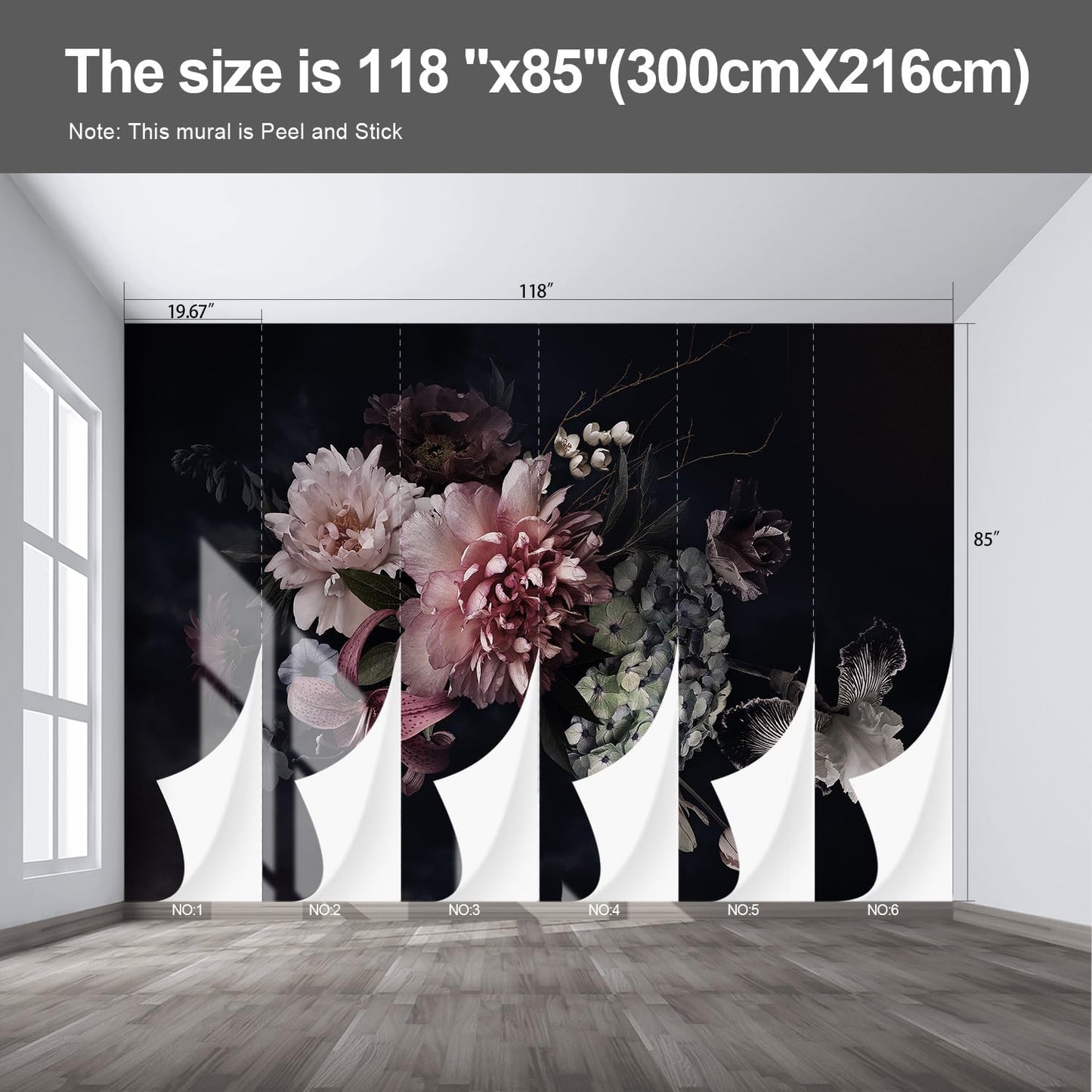 Black Floral Wall murals Peel and Stick Flowers Wallpaper for Bedroom Living Room - 85"x118"