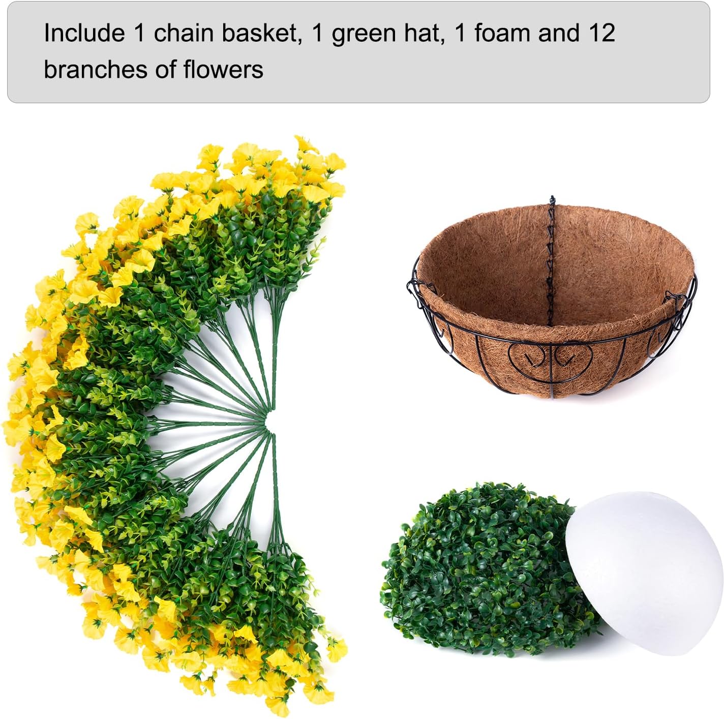 Artificial Fall Flowers Fake Hanging Plants Flowers Basket for Outdoors Autumn Decoration, Yellow Silk Morning Glory with Eucalyptus Look Real UV Resistant Faux Flowers for Outside Porch Patio Balcony