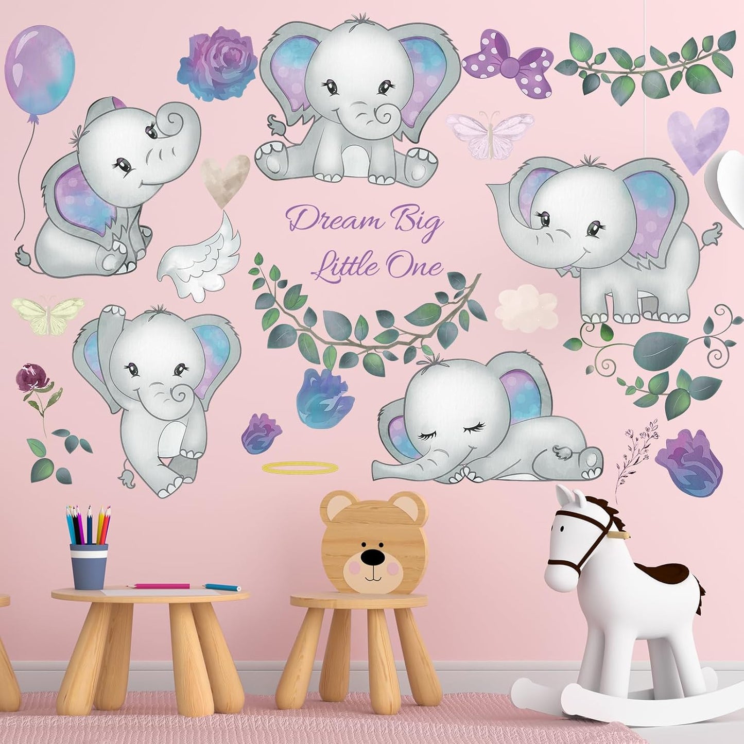 Wall Decals Stickers Dream Big Little One Elephant Wall Stickers Wall Murals Peel and Stick Removable Purple Rose Elephant Wall Decor for Baby Shower Room Nursery Boys Girls Bedroom Playroom Classroom