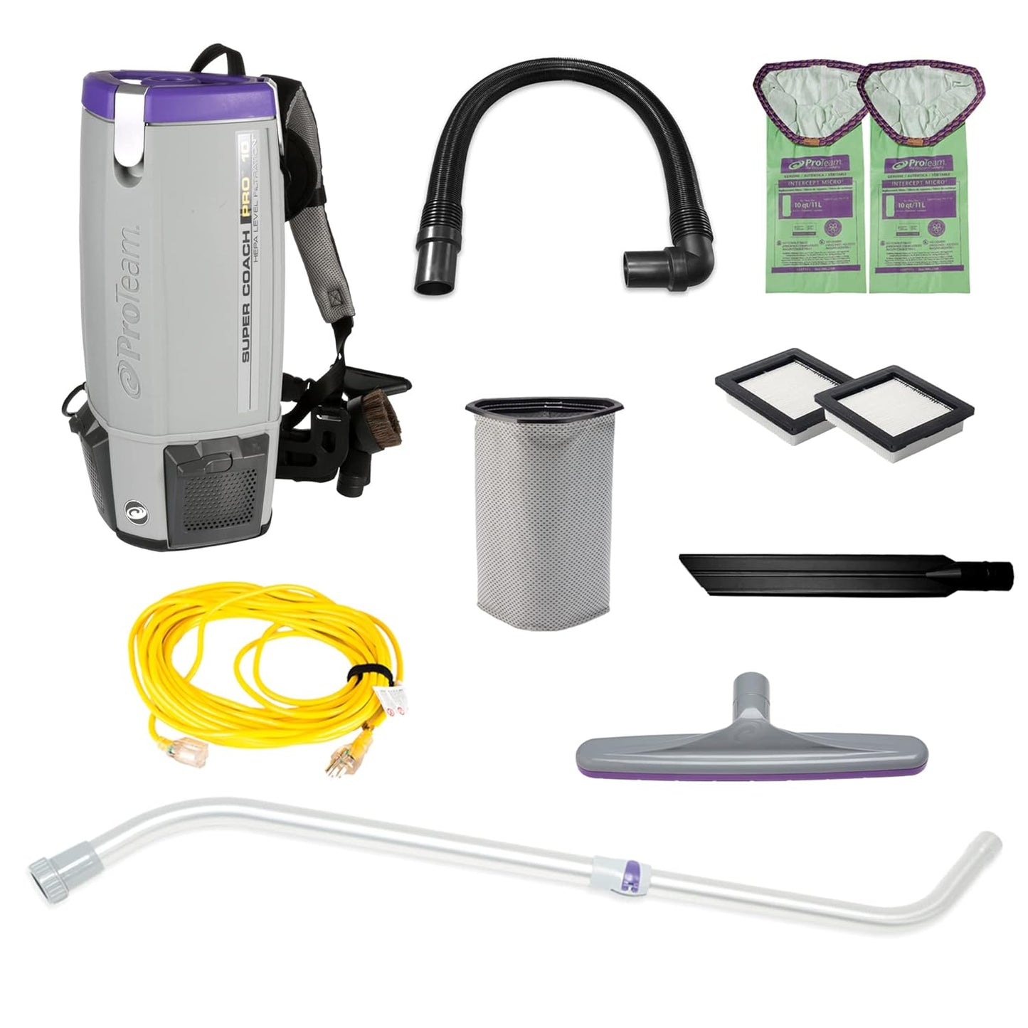 ProTeam Super Coach Pro 10 Backpack Vacuum Commercial with Telescoping Wand Tool Kit, 10 Quart, Corded, 107303
