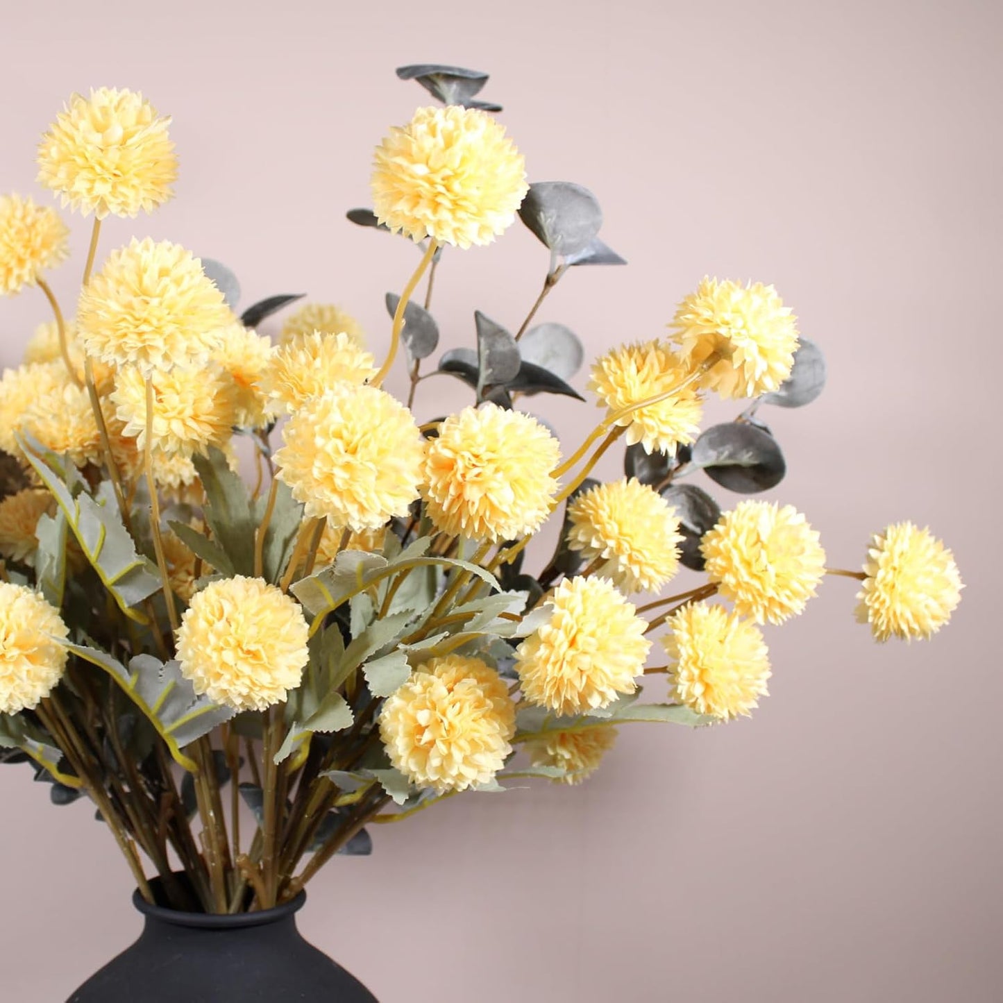 Yellow Flowers Artificial Long Stems Kiku Flower With Eucalyptus, Spring Flowers Decor, Mustard Yellow Decor, Flores Amarillas Artificiales Para Decoracion, Faux Easter Spring Summer Floral Stems
