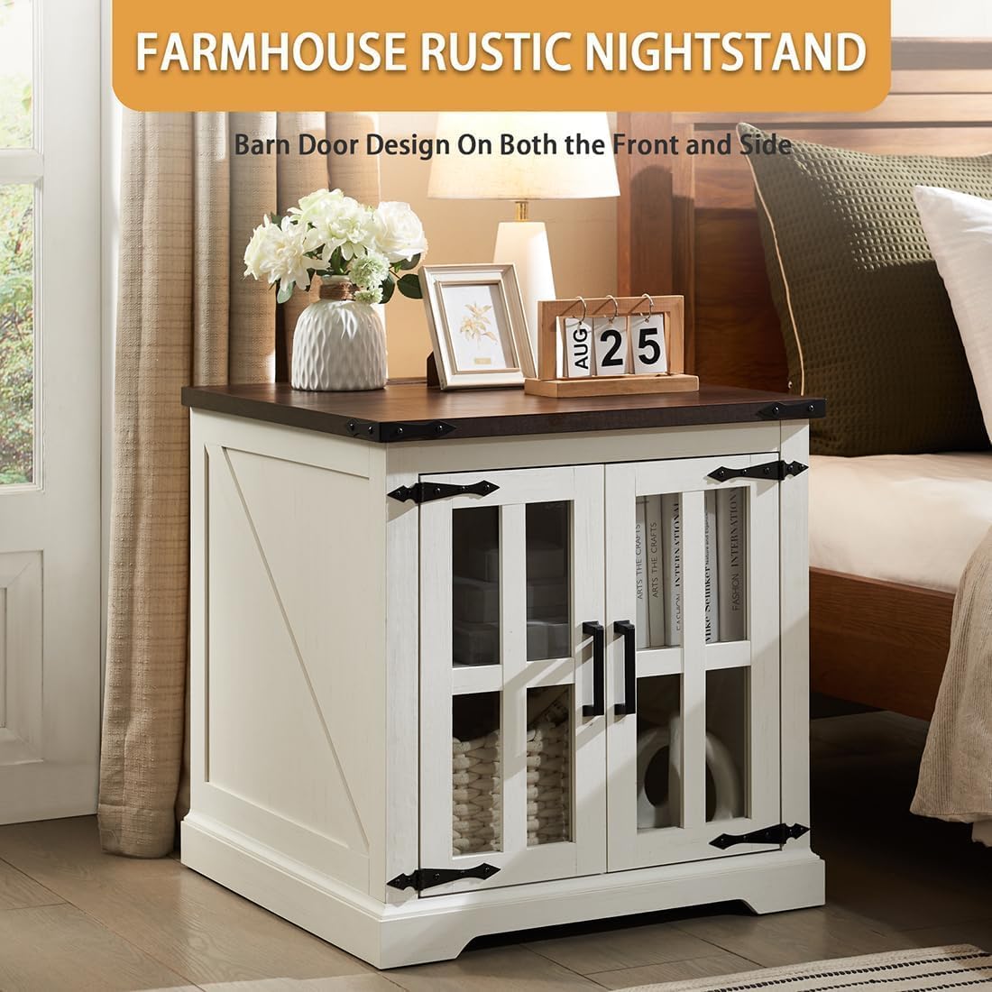 Farmhouse End Table with Charging Station,24" Large Sofa Side Table with Glass Barn Door, Rustic Wood Nightstand Bedside Table with Adjustable Storage Shelf for Living Room, Bedroom,White