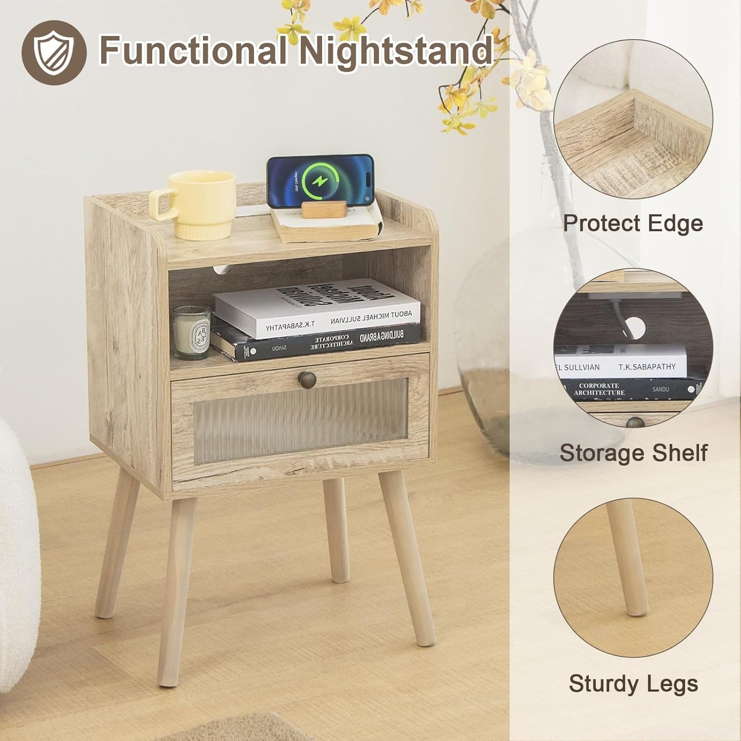 AWASEN Nightstand with Charging Station, Modern Bedside Table with Glass Decorative Drawer, Charging Night Stand Side Tables for Bedroom and Small Space, Rustic White Oak
