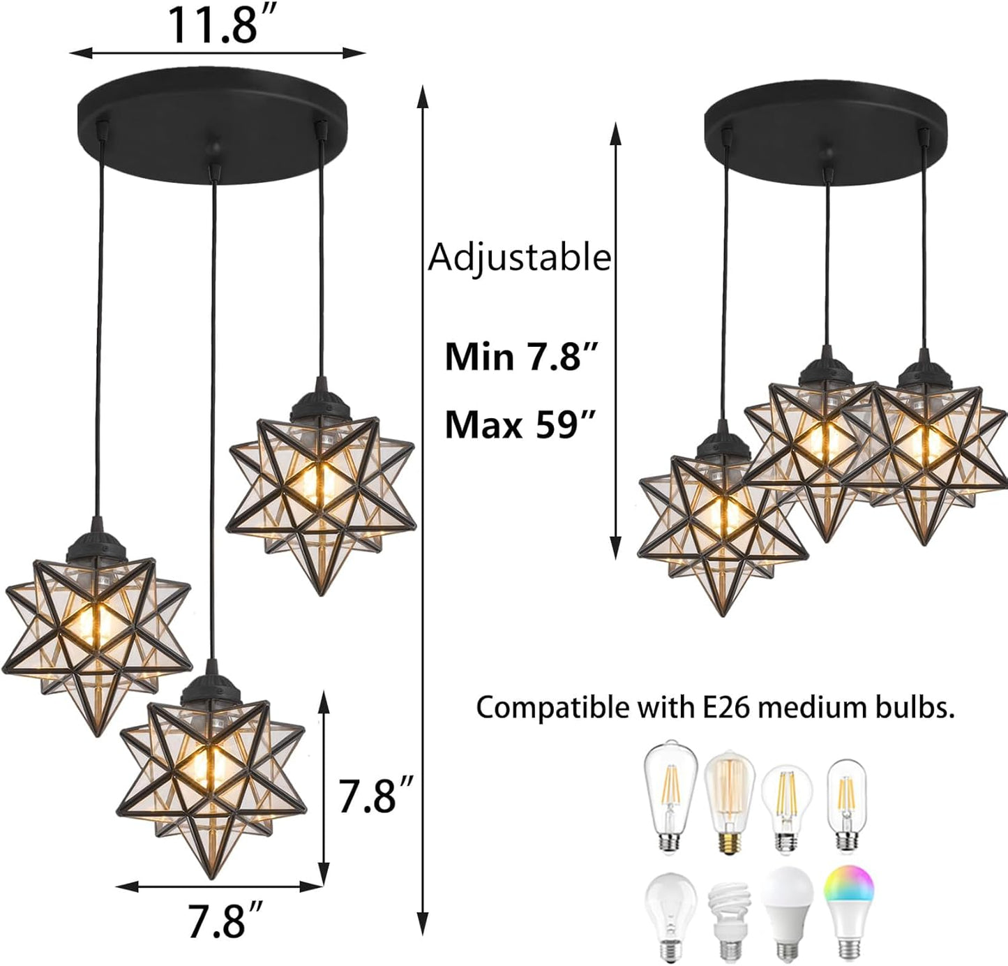 Farmhouse Glam Chandelier with Glass Star Pendants Light Fixture Elegant Ceiling Hanging Lights Included Warm Light Bulbs Black