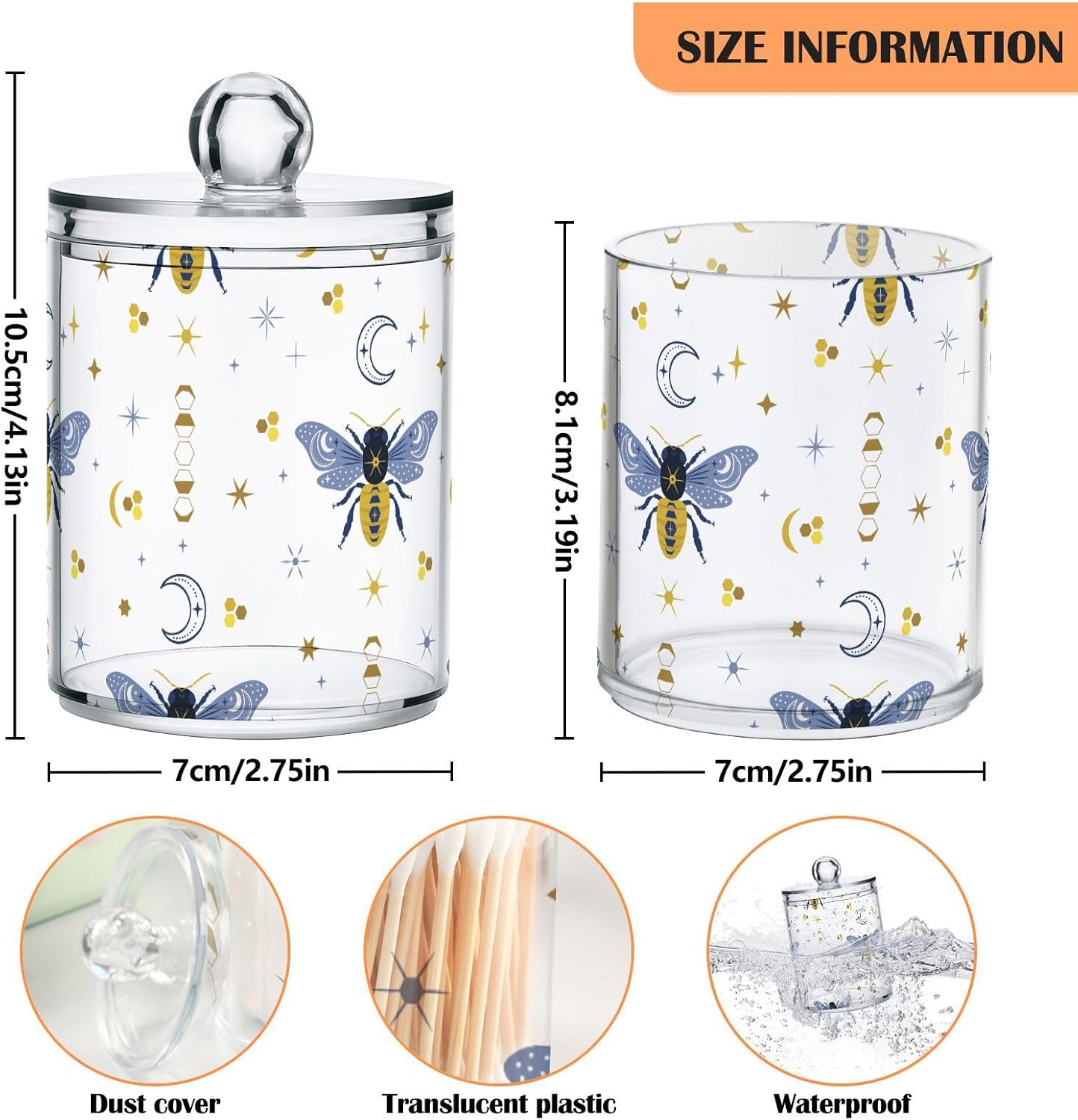 2 Pack Qtip Holder Organizer Dispenser Bee Boho Honeybee Insect Bathroom Storage Canister Cotton Ball Holder Container for Cotton Pads/Swabs/Floss