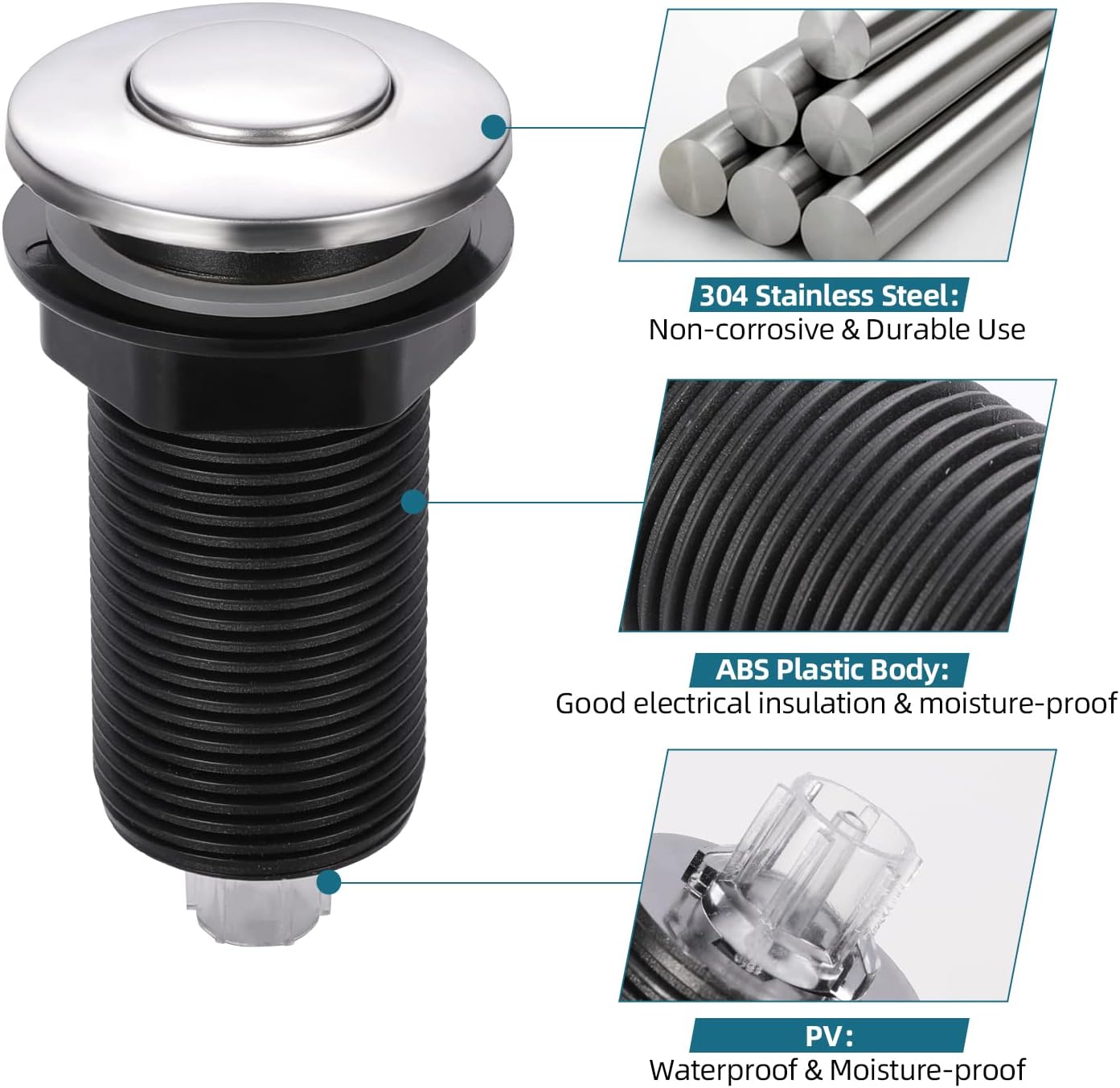 RQYEKDO Garbage Disposal Air Switch Kitchen Sink Top Long Stainless Steel Polished Nickel Long 2.5" for Food and Waste Disposal On/Off Air Button Parts Polished