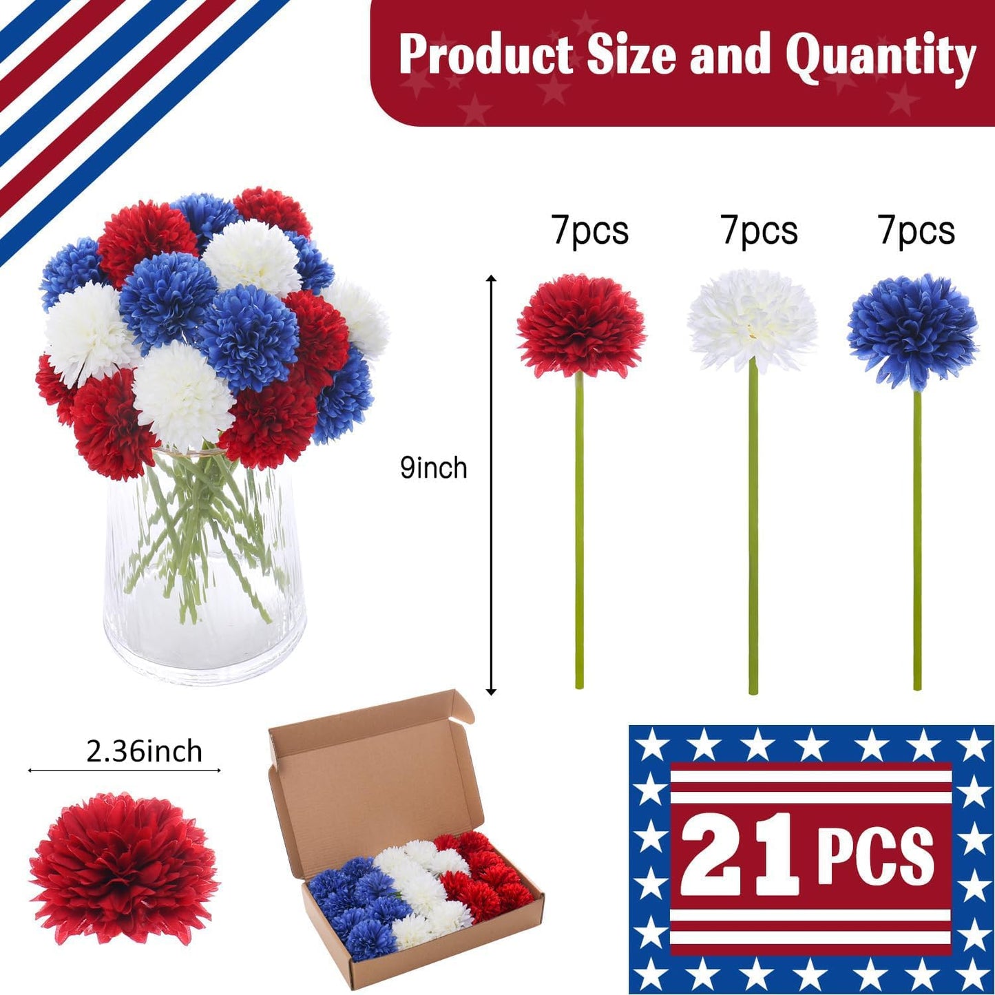 Kimura's Cabin 21Pcs Faux Chrysanthemum Flowers 4th of July Patriotic Flower Decor Artificial Mums Memorial Day Fake Ball Flower Home Event Table Centerpieces DIY Decoratio (Red White Blue