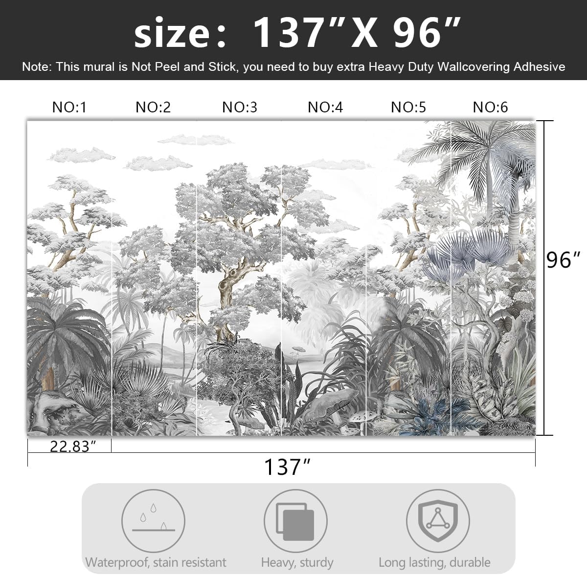 -Tropical Rainforest Botanical Grey Jungle Forest Fabric Wallpaper Living Room Palm Leaf Plant Bedroom Bathroom Large Wall Mural- 137"x96"（ not Peel and Stick）