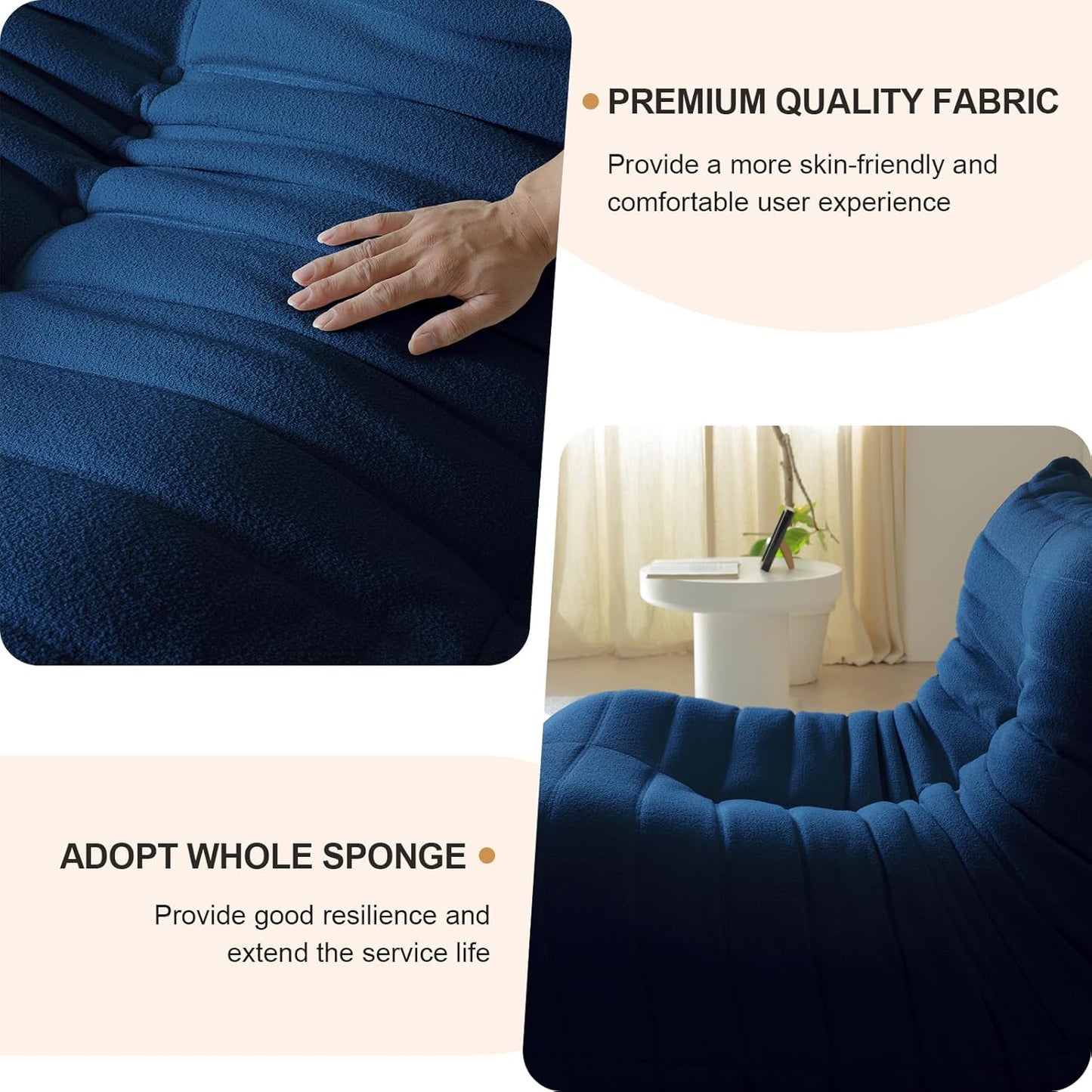 Luxury Sofa Couch Chair, Lazy Floor Seating, Fireside Bean Bag Chair, Ergonomic Tatami Sofa Lounger for Living Room, Bedroom, Office, Loveseat, Blue