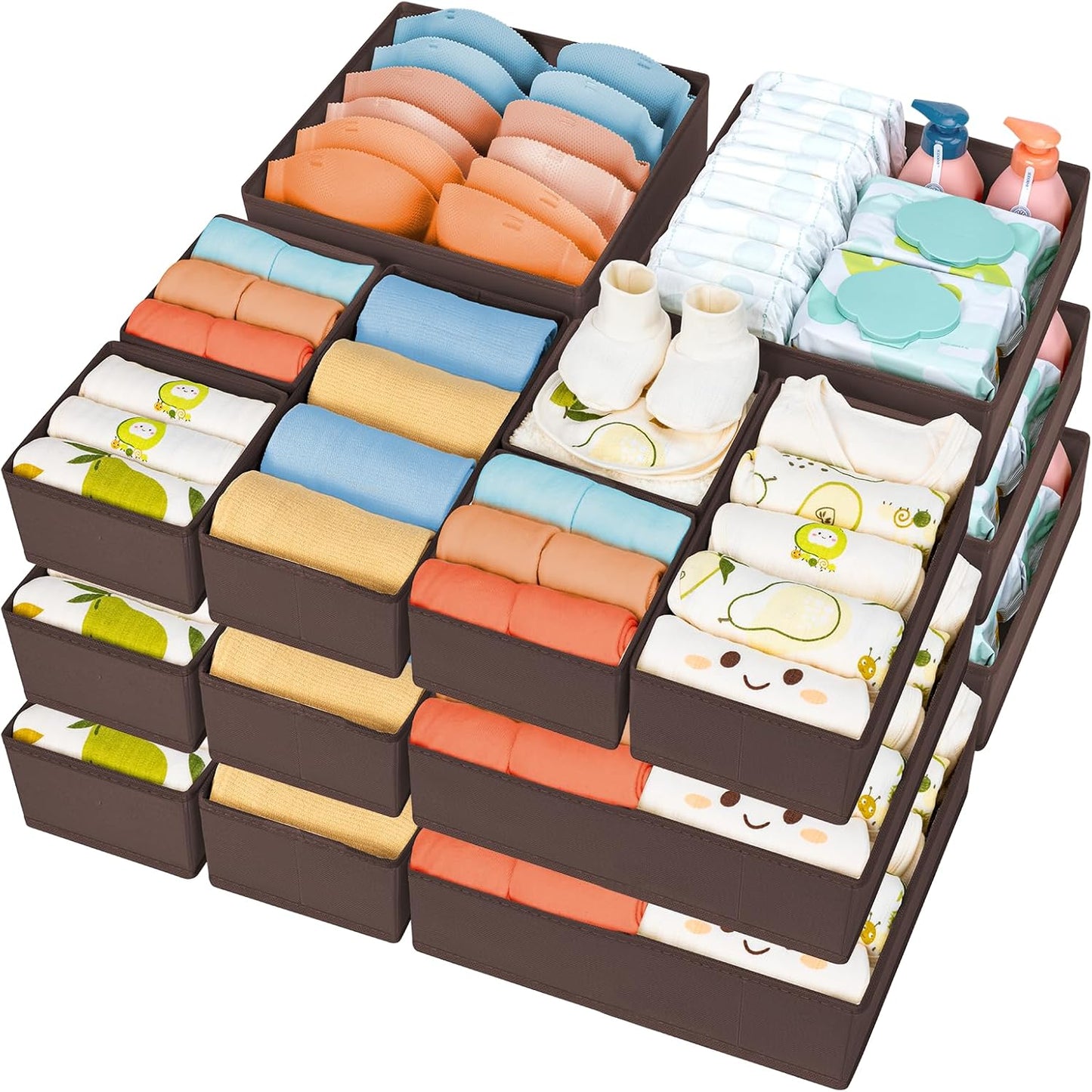 DIMJ Drawer Organizer 15 Pack - Foldable Baby Organizers and Storage & Dresser Organizer for Nursery, Bedroom, Closet - Nursery Organization Dresser Dividers for underwear, Sock, Bra, Belt, Tie, Brown