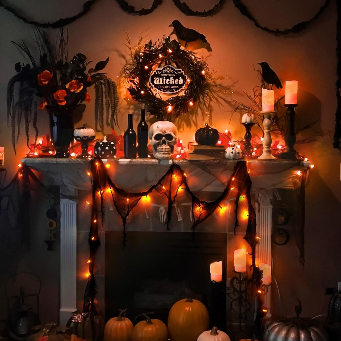 Halloween Horror Atmosphere Lights, Orange&Purple LED String Lights with 9.9FT Creepy Black Gauze, Battery Powered with Timer & 8 Flashing Modes (Orange)
