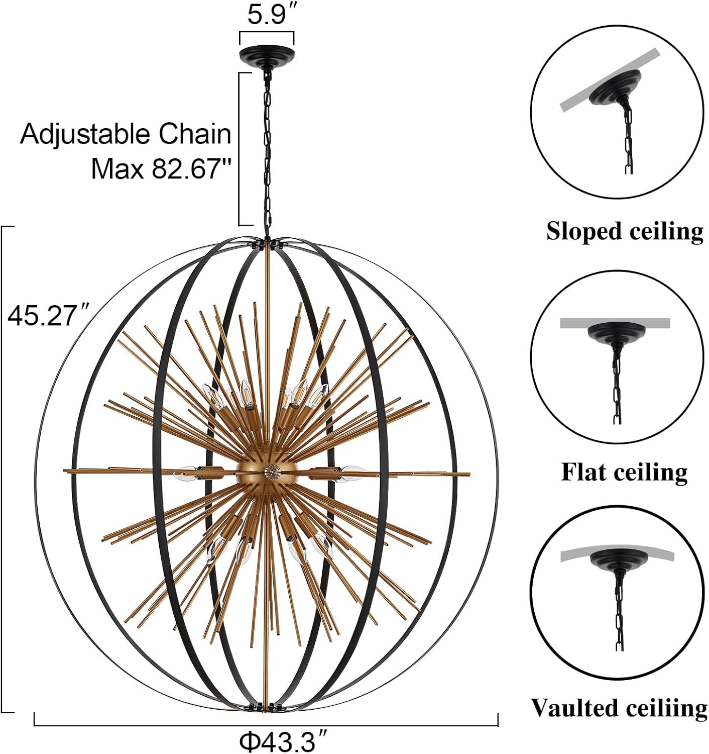 43.3" Black Gold 18-Light Globe Sputnik Chandelier Modern Adjustable Hanging Ceiling Firework Pendant Light Fixture for Entryway Foyer Stairway Kitchen Dining Living Room Hallway